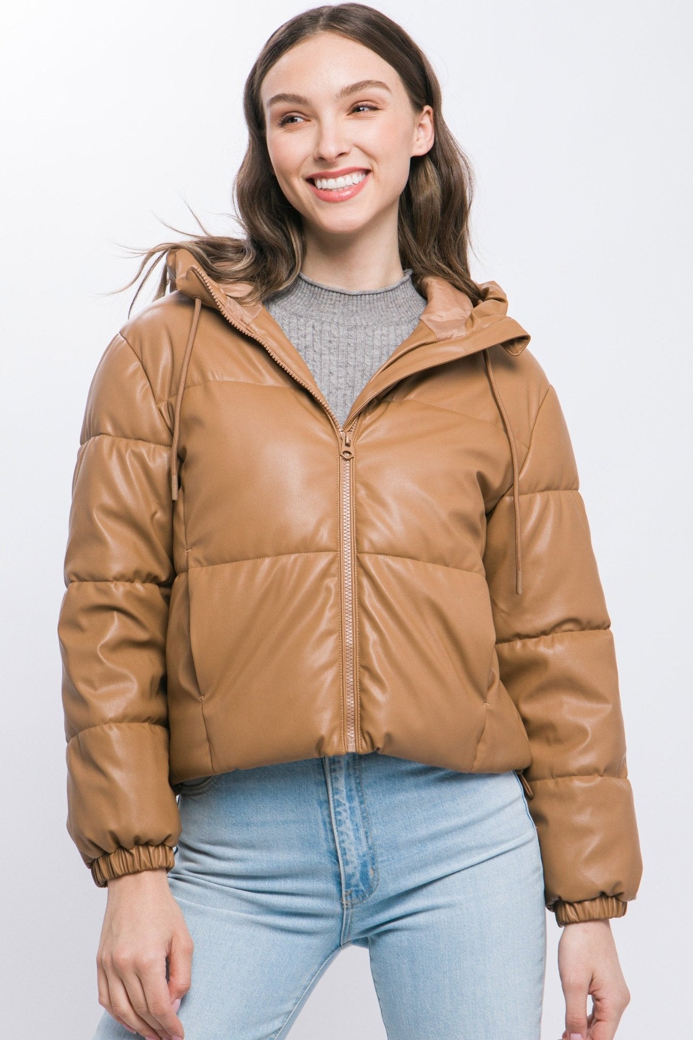 Pu Faux Leather Zipper Hooded Puffer Jacket - Premium  from ZLA - Just $40.50! Shop now at ZLA