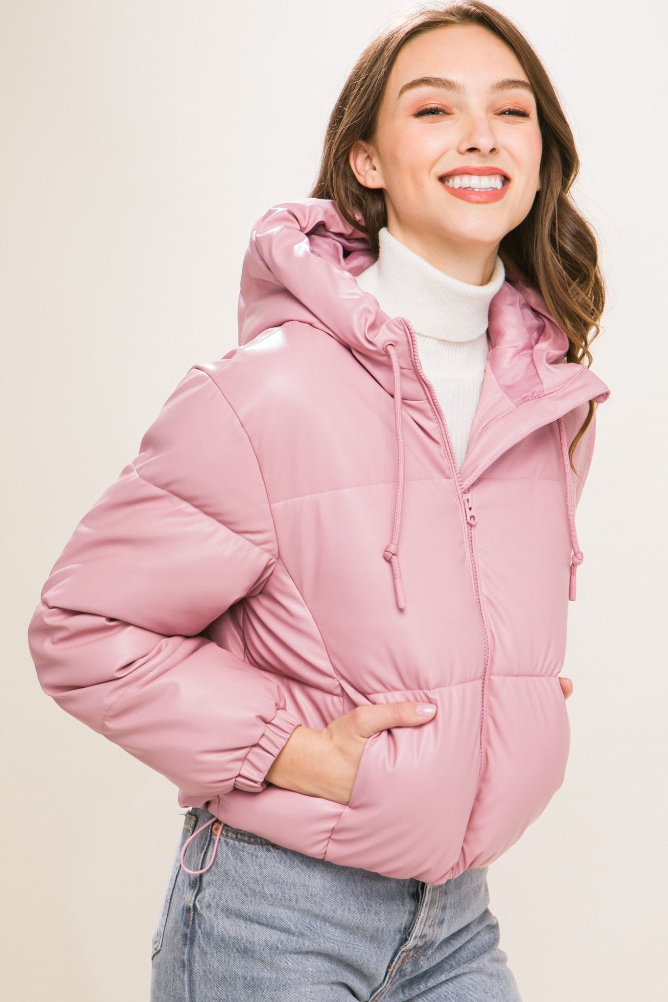 Pu Faux Leather Zipper Hooded Puffer Jacket - Premium  from ZLA - Just $40.50! Shop now at ZLA