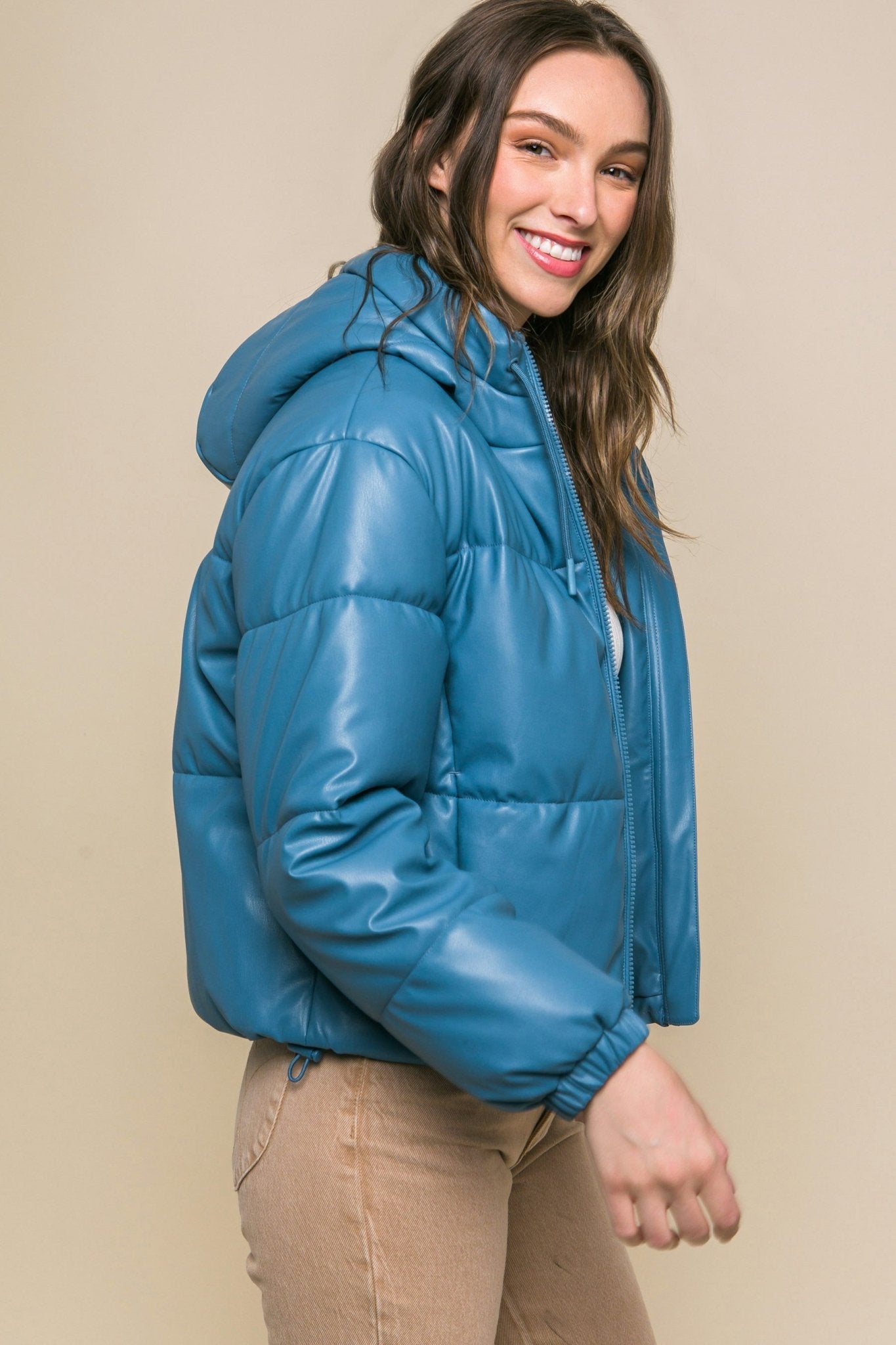 Pu Faux Leather Zipper Hooded Puffer Jacket - Premium  from ZLA - Just $40.50! Shop now at ZLA