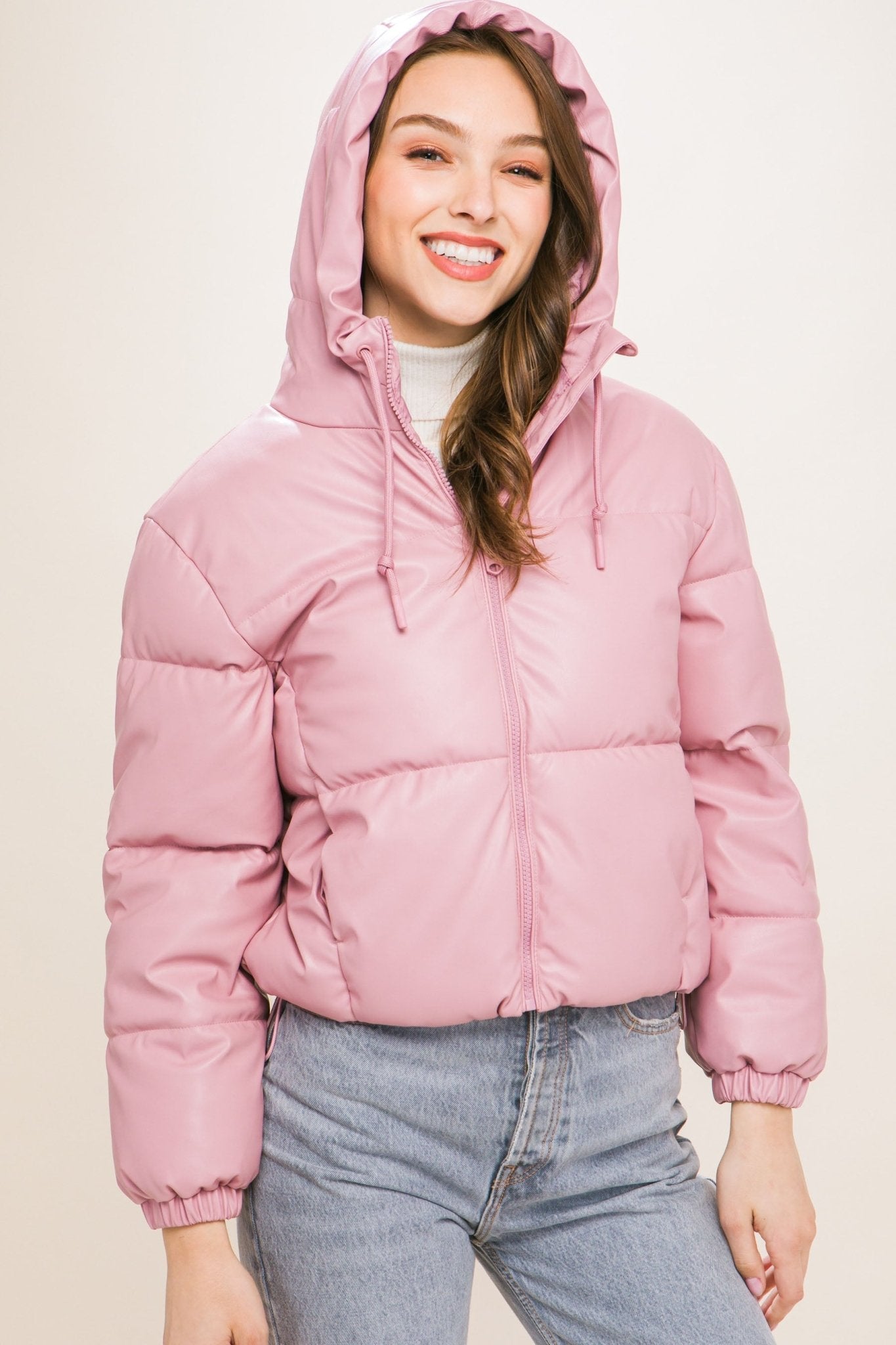 Pu Faux Leather Zipper Hooded Puffer Jacket - Premium  from ZLA - Just $40.50! Shop now at ZLA