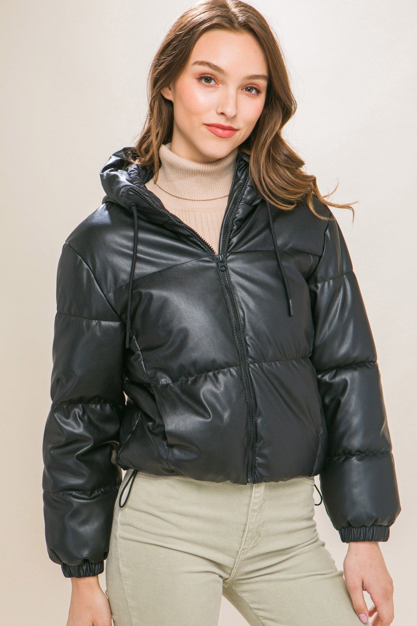 Pu Faux Leather Zipper Hooded Puffer Jacket - Premium  from ZLA - Just $40.50! Shop now at ZLA