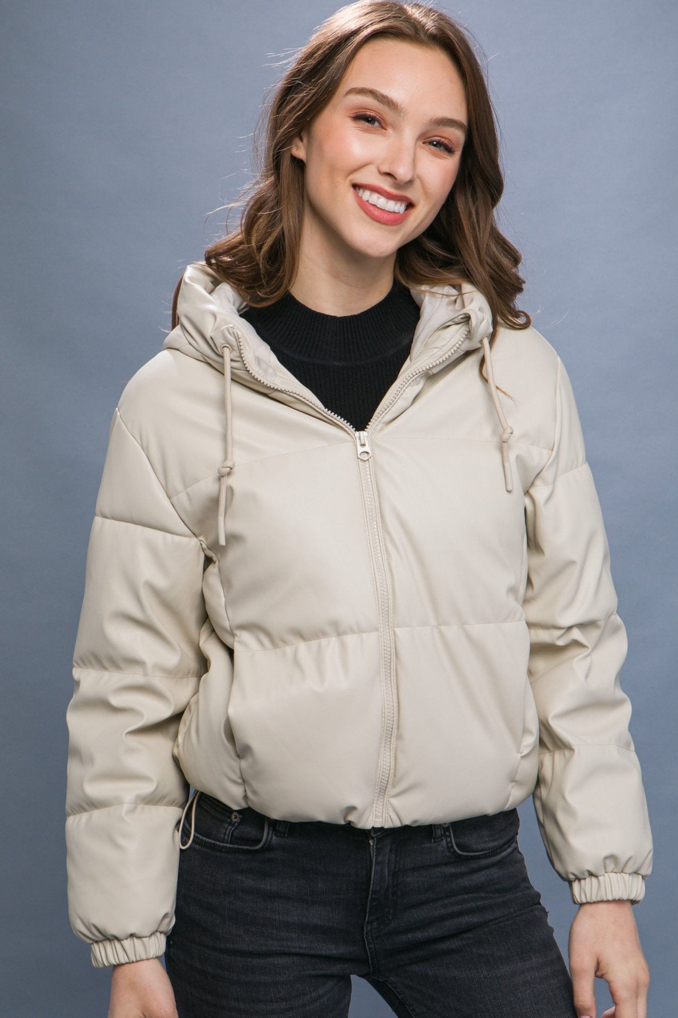 Pu Faux Leather Zipper Hooded Puffer Jacket - Premium  from ZLA - Just $40.50! Shop now at ZLA