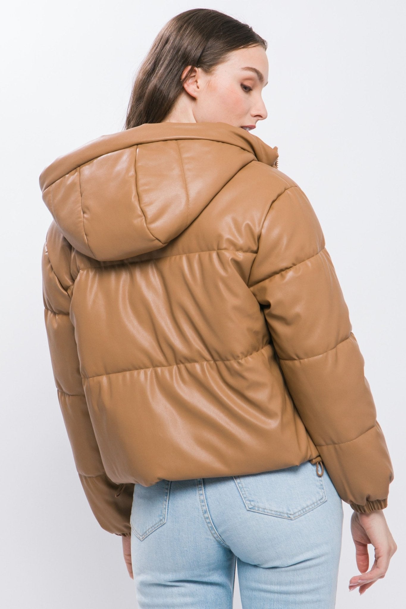 Pu Faux Leather Zipper Hooded Puffer Jacket - Premium  from ZLA - Just $40.50! Shop now at ZLA