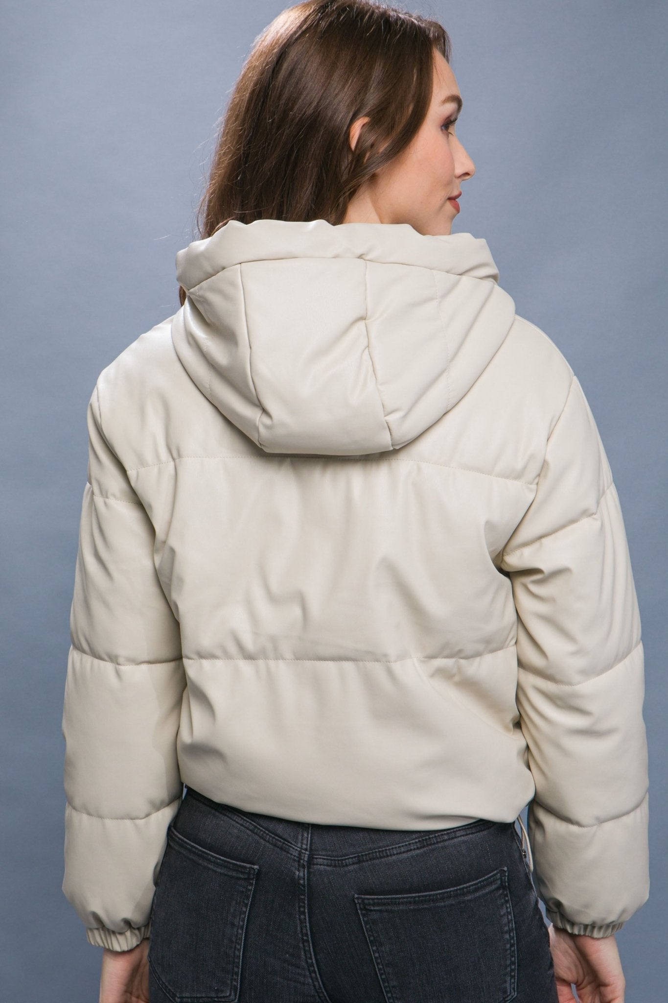 Pu Faux Leather Zipper Hooded Puffer Jacket - Premium  from ZLA - Just $40.50! Shop now at ZLA