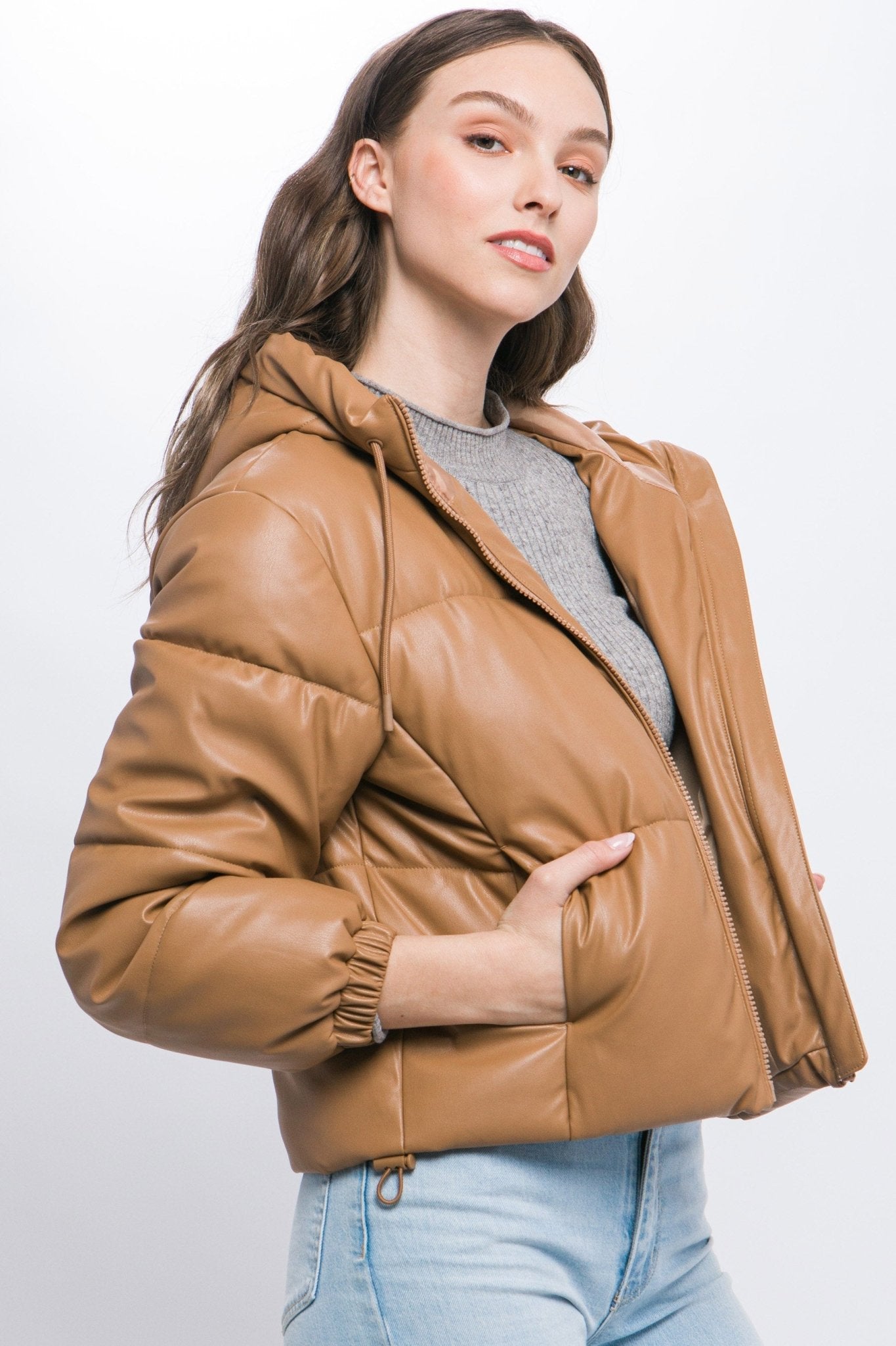 Pu Faux Leather Zipper Hooded Puffer Jacket - Premium  from ZLA - Just $40.50! Shop now at ZLA