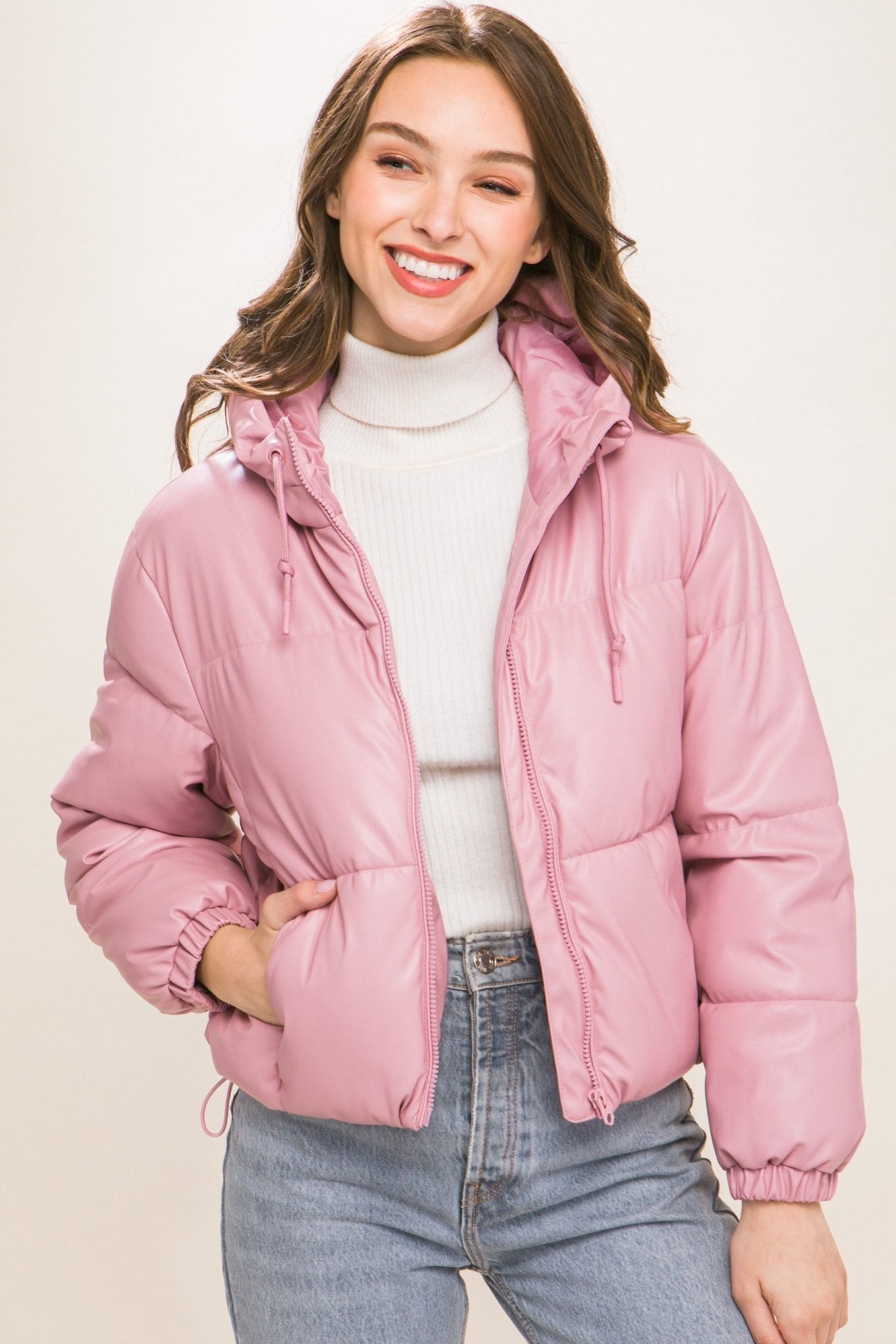 Pu Faux Leather Zipper Hooded Puffer Jacket - Premium  from ZLA - Just $40.50! Shop now at ZLA