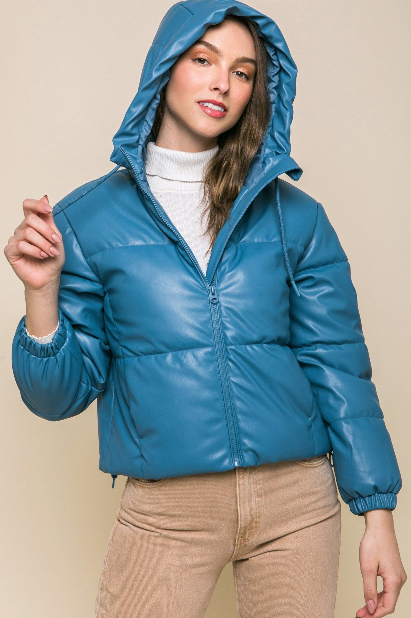 Pu Faux Leather Zipper Hooded Puffer Jacket - Premium  from ZLA - Just $40.50! Shop now at ZLA