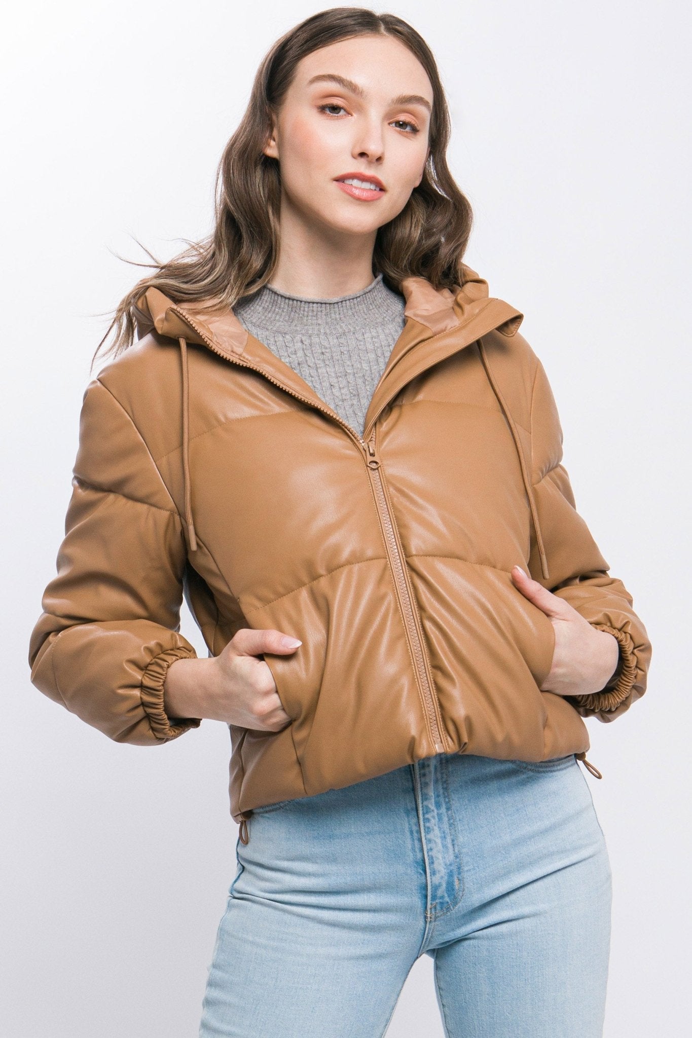 Pu Faux Leather Zipper Hooded Puffer Jacket - Premium  from ZLA - Just $40.50! Shop now at ZLA