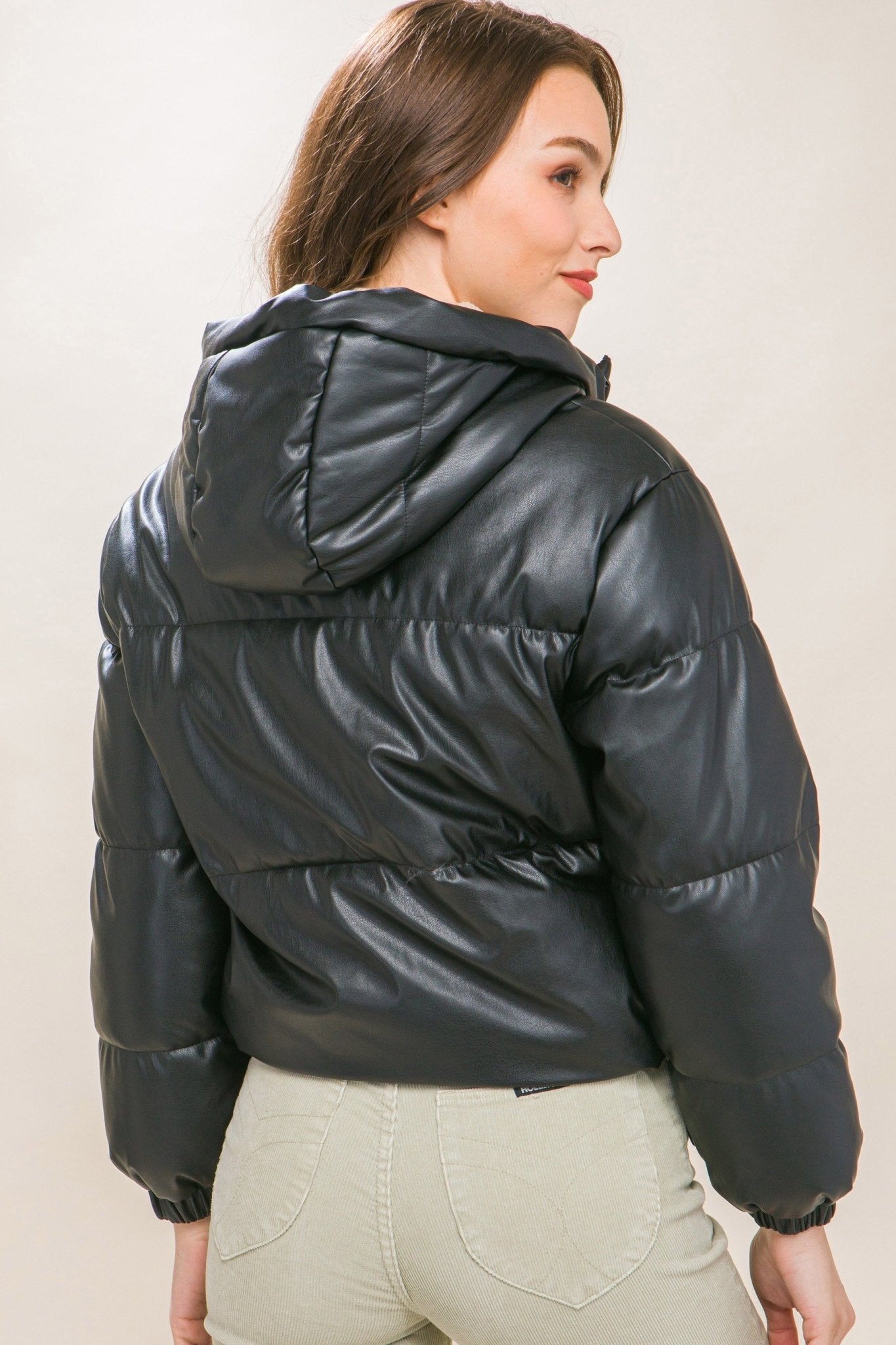 Pu Faux Leather Zipper Hooded Puffer Jacket - Premium  from ZLA - Just $40.50! Shop now at ZLA