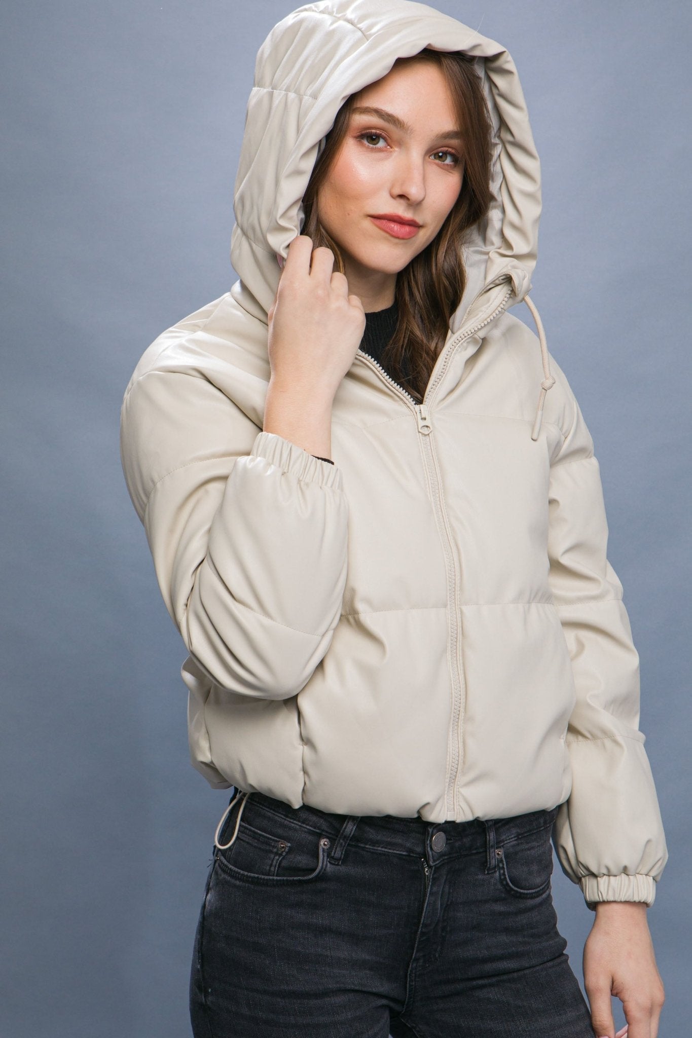 Pu Faux Leather Zipper Hooded Puffer Jacket - Premium  from ZLA - Just $40.50! Shop now at ZLA