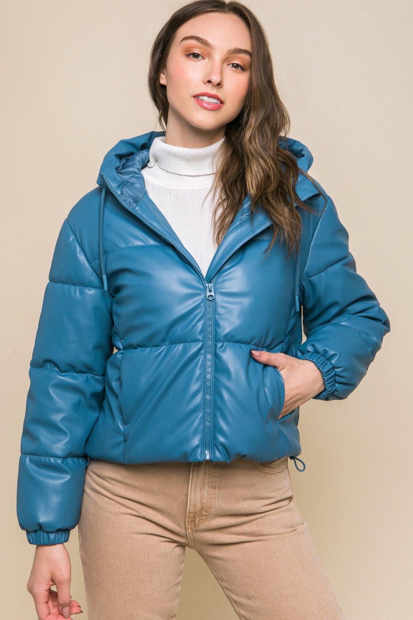 Pu Faux Leather Zipper Hooded Puffer Jacket - Premium  from ZLA - Just $40.50! Shop now at ZLA