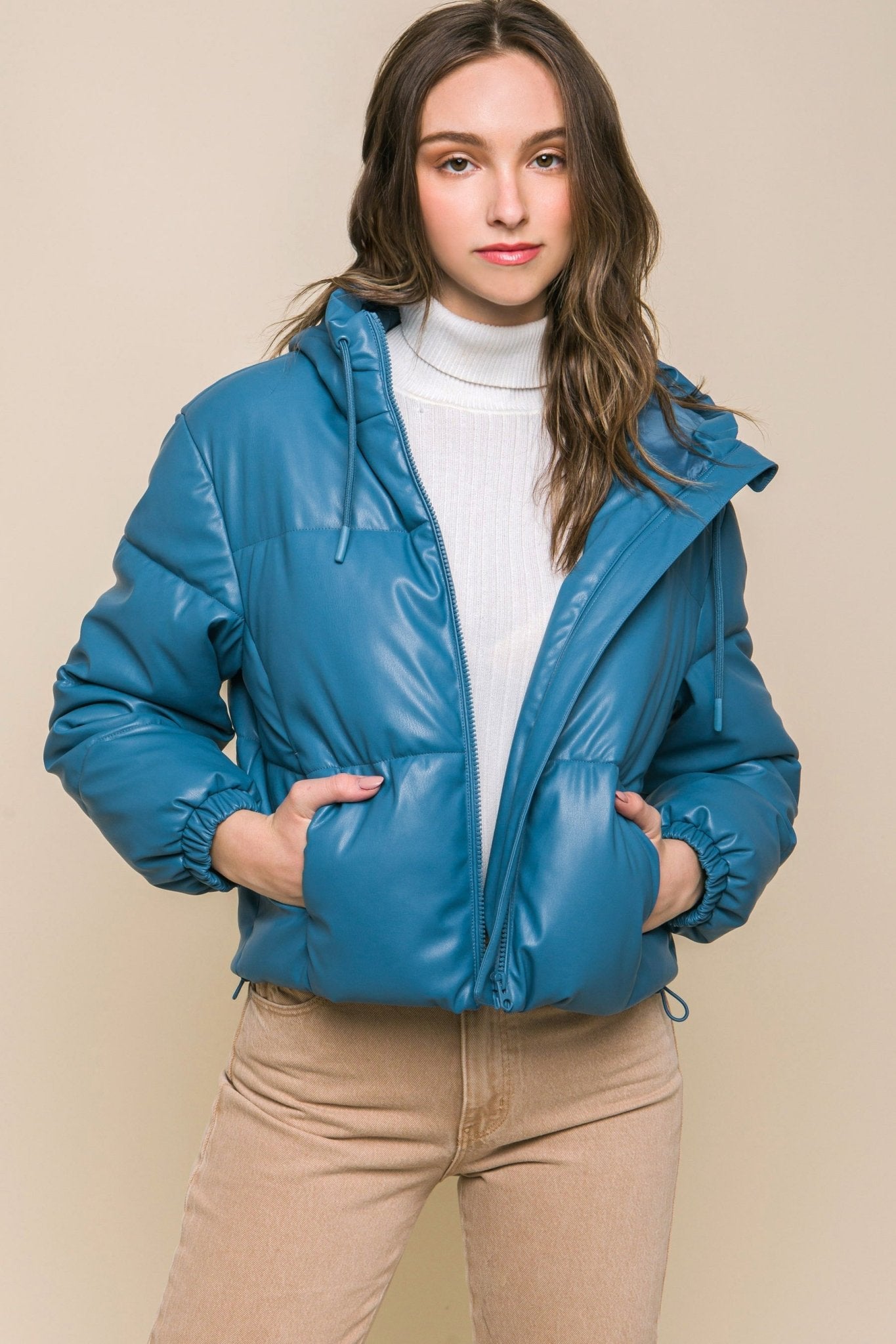 Pu Faux Leather Zipper Hooded Puffer Jacket - Premium  from ZLA - Just $40.50! Shop now at ZLA