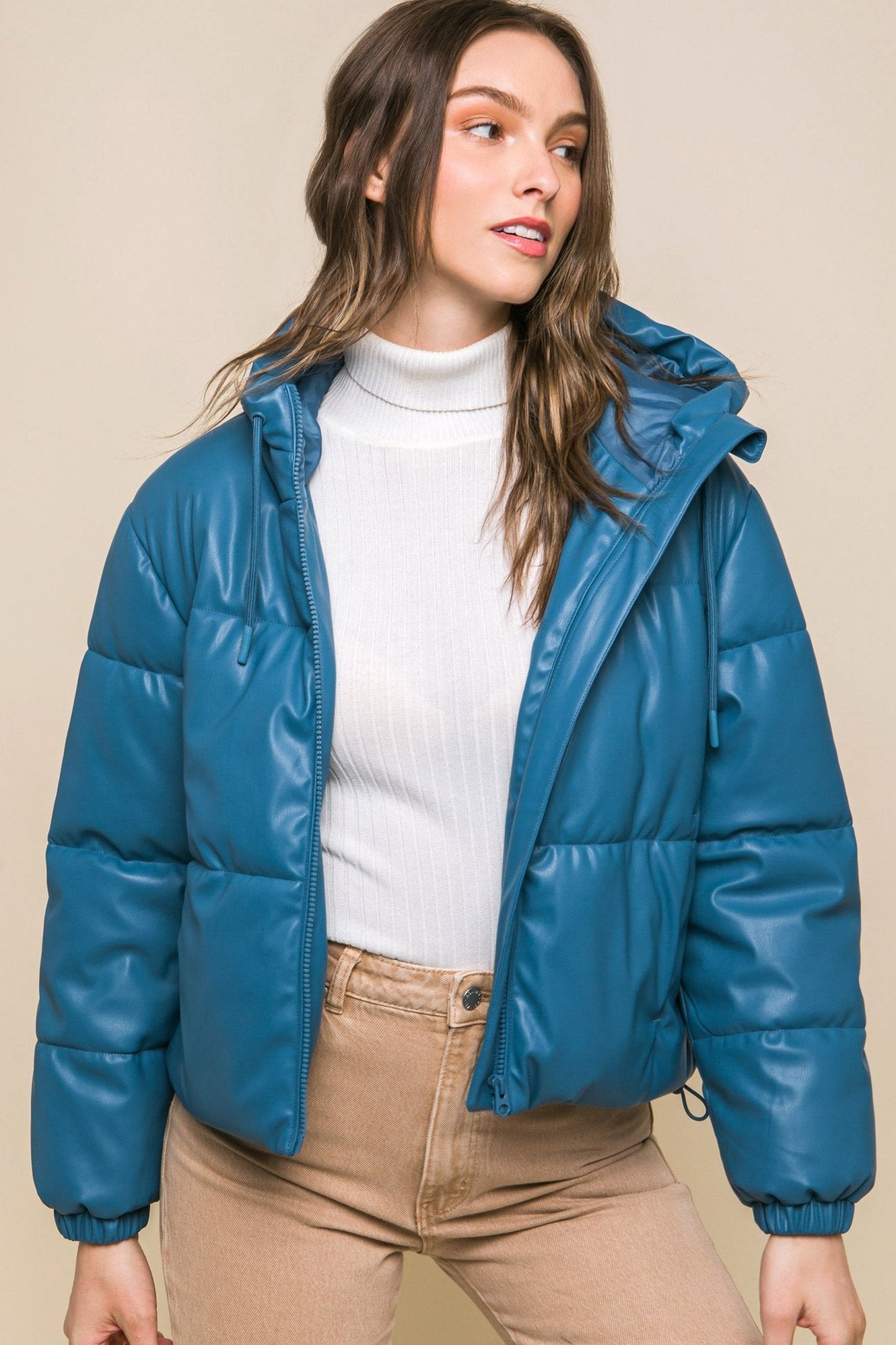 Pu Faux Leather Zipper Hooded Puffer Jacket - Premium  from ZLA - Just $40.50! Shop now at ZLA