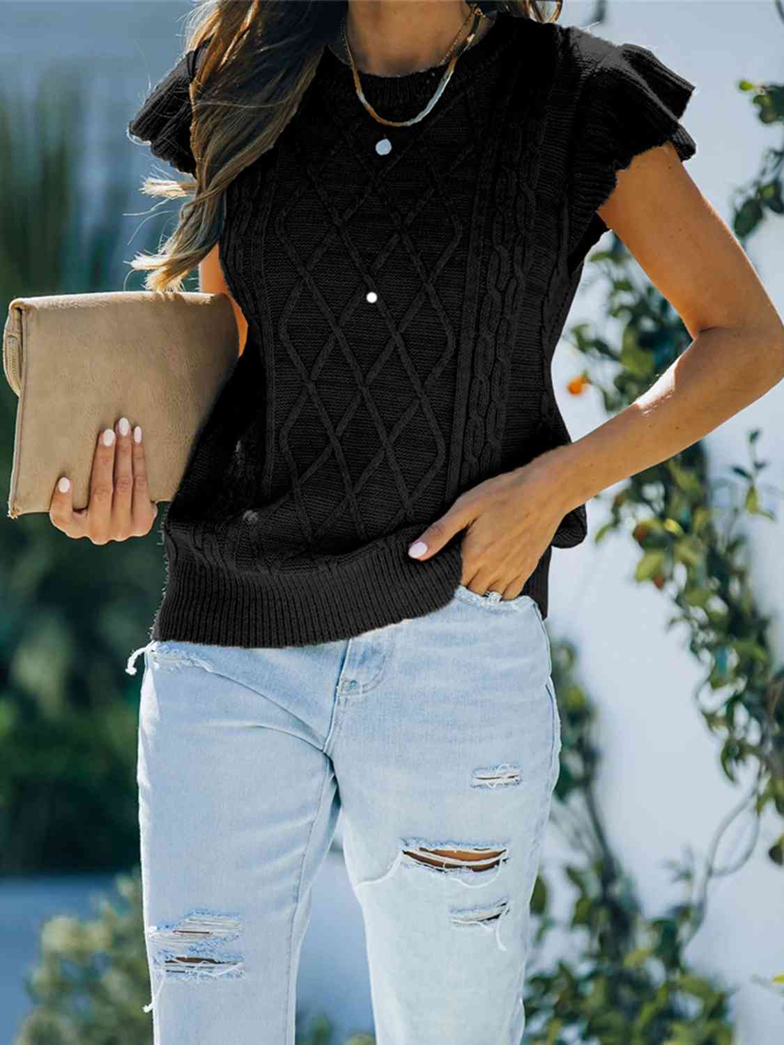 Round Neck Cap Sleeve Sweater - Premium  from Trendsi - Just $21! Shop now at ZLA