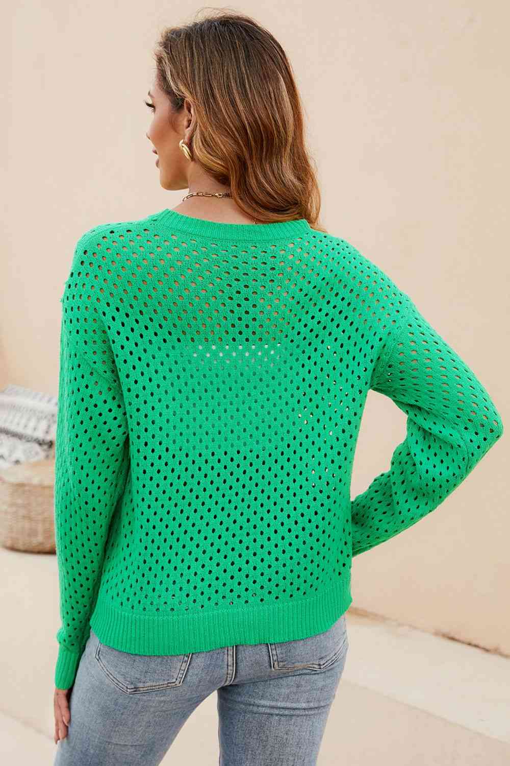 Round Neck Openwork Dropped Shoulder Knit Top - Premium  from Trendsi - Just $31! Shop now at ZLA