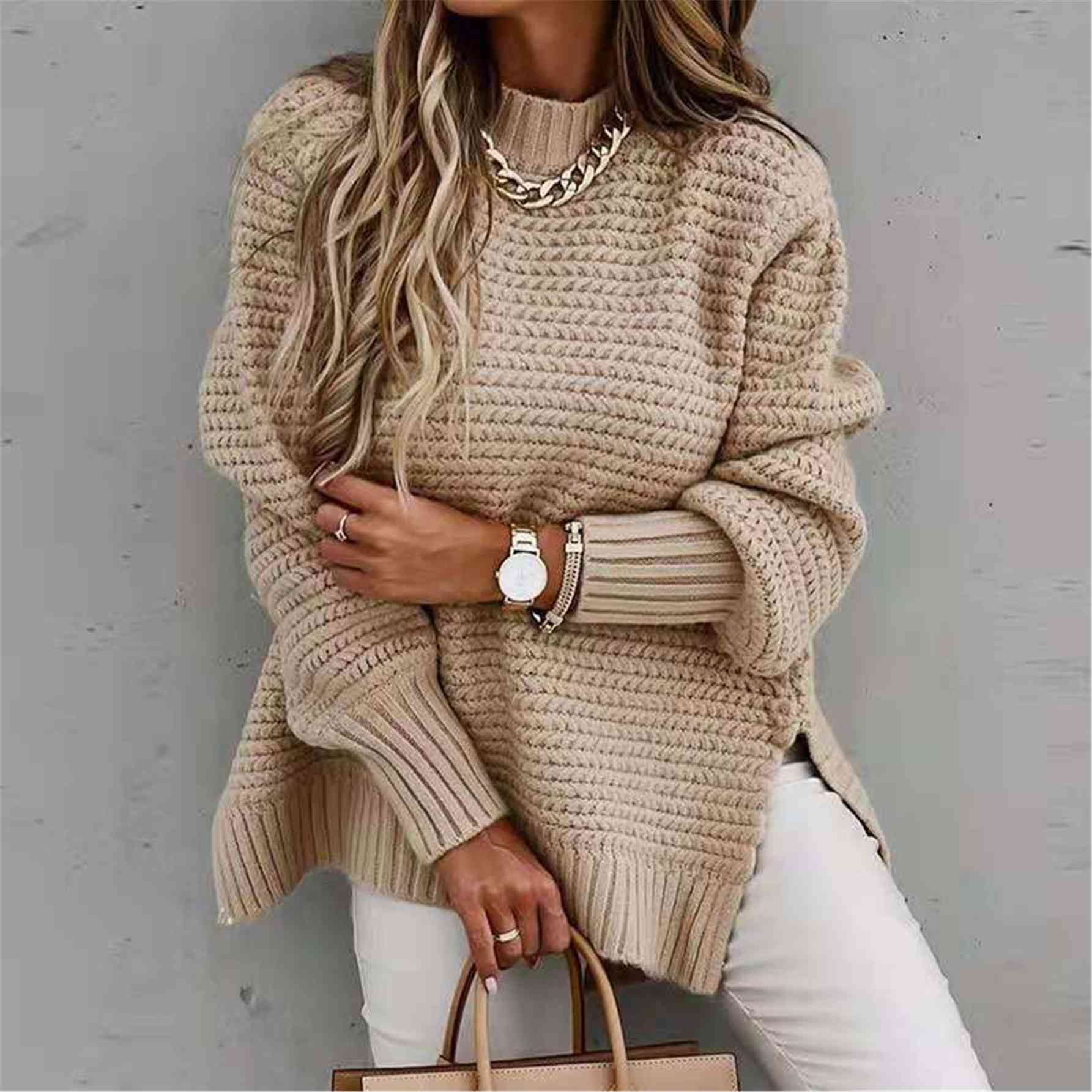 Round Neck Slit Sweater - Premium  from Trendsi - Just $31! Shop now at ZLA