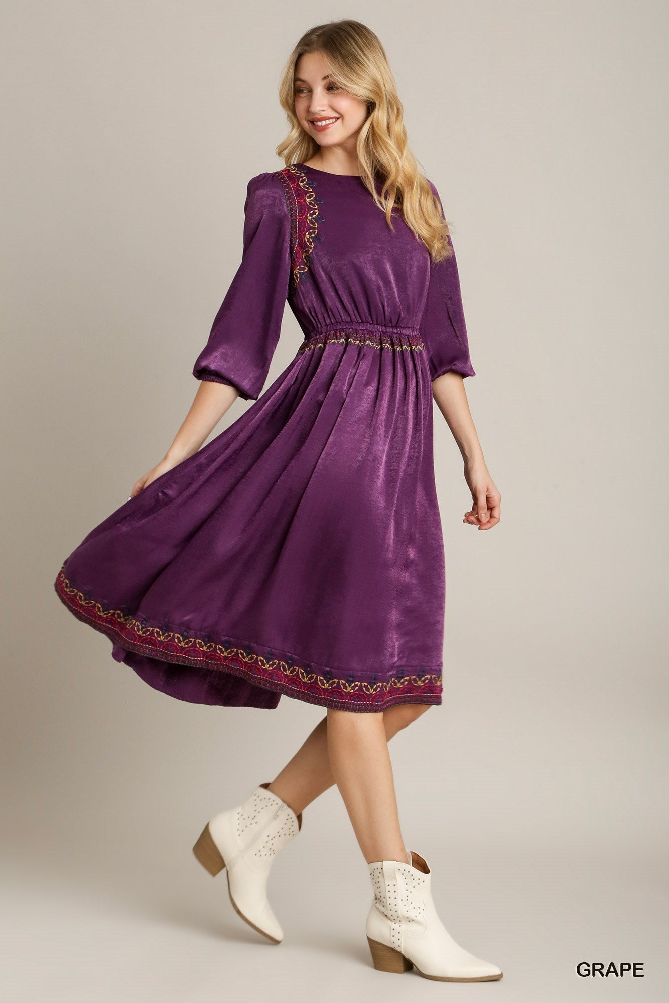 Satin Round Neck Embroidery Midi Dress - Premium  from ZLA - Just $72.50! Shop now at ZLA
