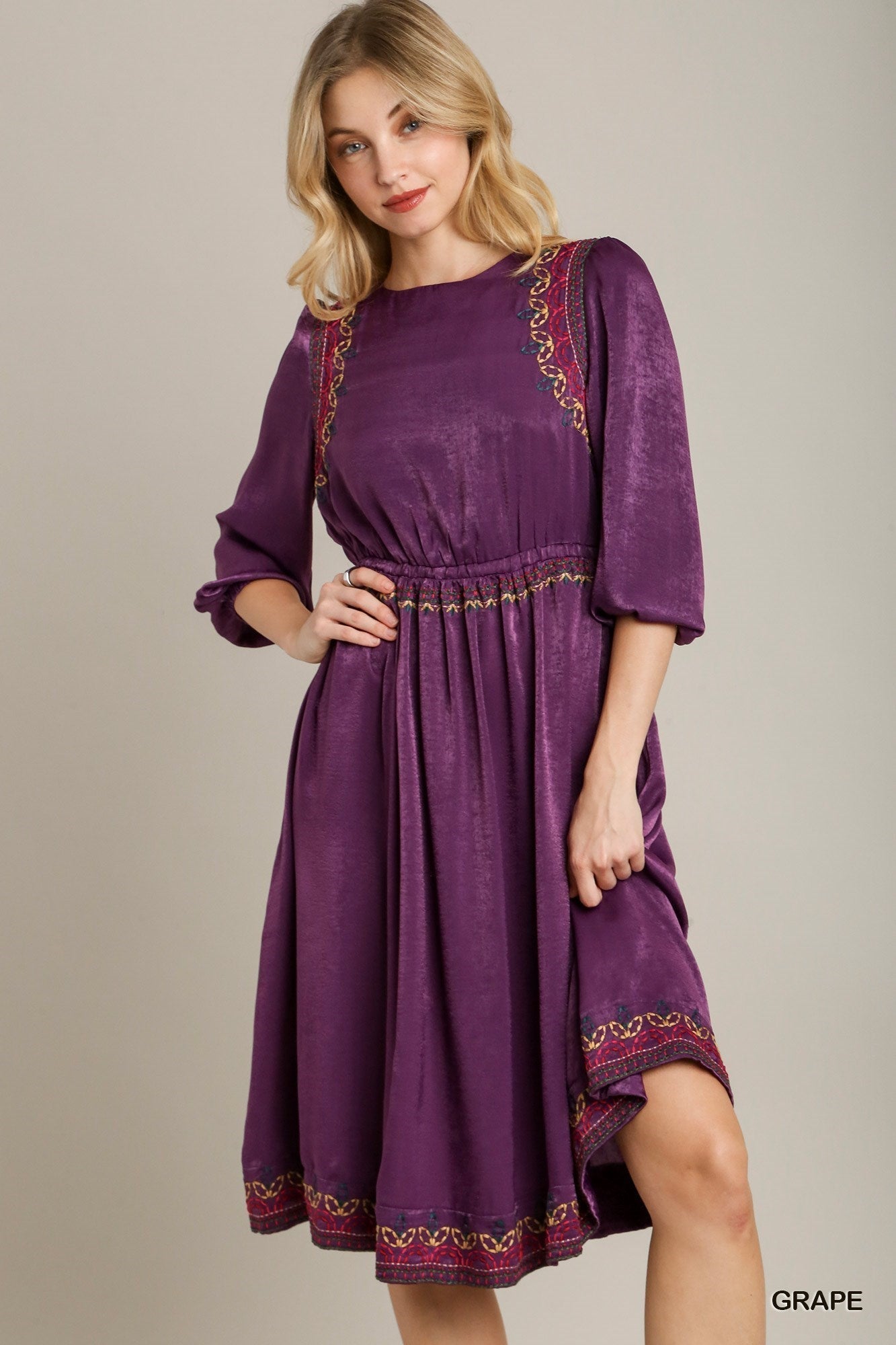 Satin Round Neck Embroidery Midi Dress - Premium  from ZLA - Just $72.50! Shop now at ZLA