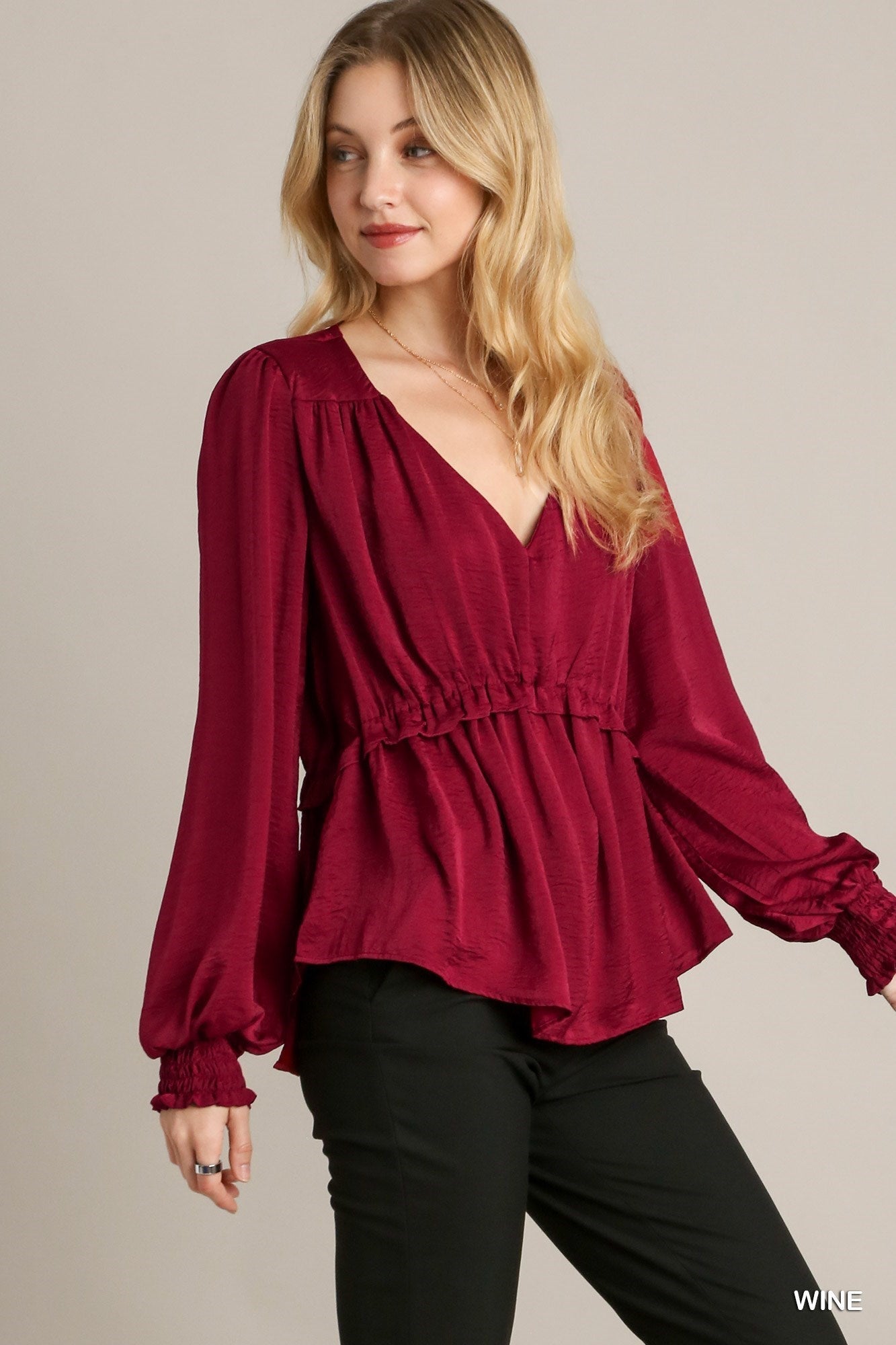 Satin V-neck Ruffle Baby Doll Top With Cuffed Long Sleeve - Premium  from ZLA - Just $49! Shop now at ZLA