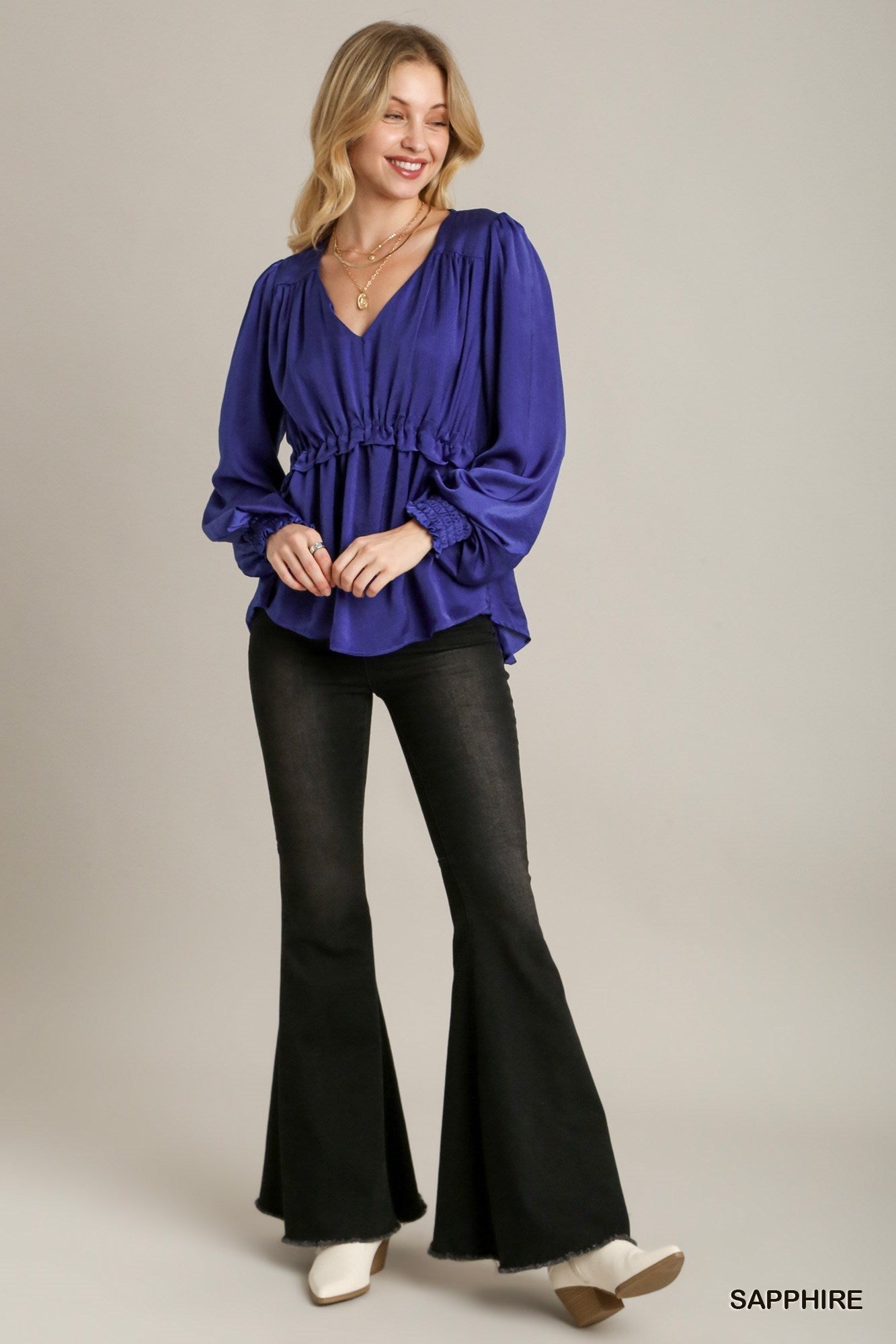 Satin V-neck Ruffle Baby Doll Top With Cuffed Long Sleeve - Premium  from ZLA - Just $49! Shop now at ZLA