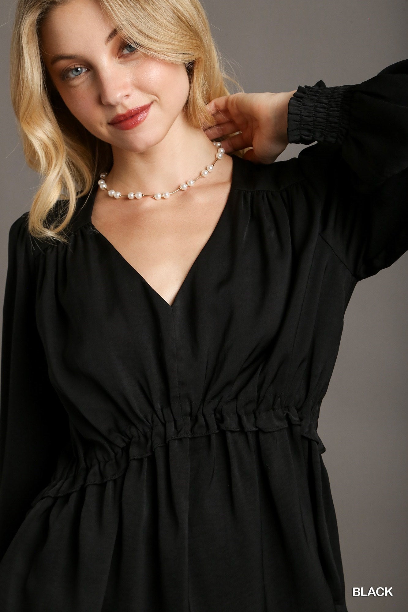 Satin V-neck Ruffle Baby Doll Top With Cuffed Long Sleeve - Premium  from ZLA - Just $49! Shop now at ZLA