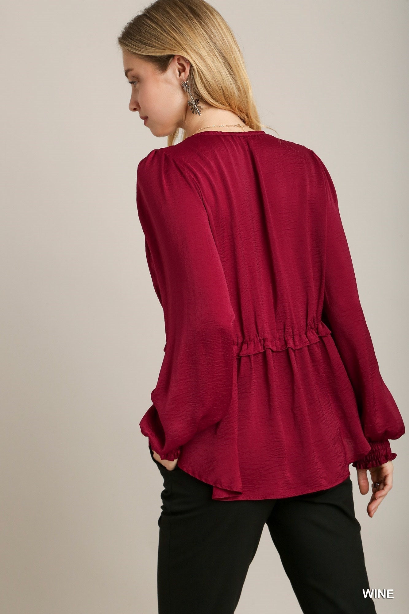 Satin V-neck Ruffle Baby Doll Top With Cuffed Long Sleeve - Premium  from ZLA - Just $49! Shop now at ZLA