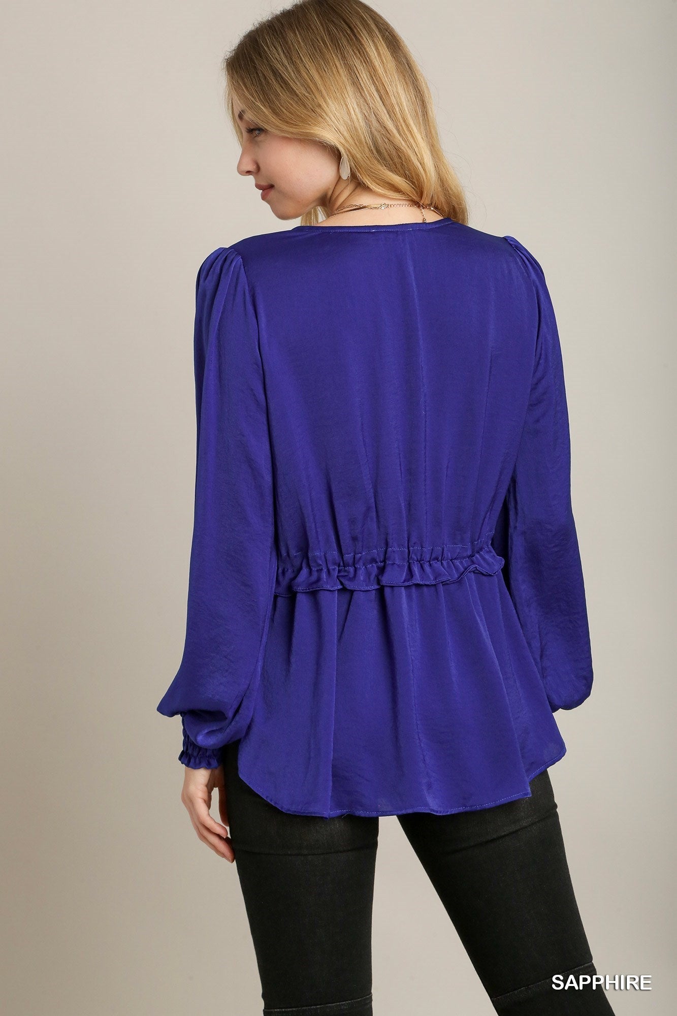 Satin V-neck Ruffle Baby Doll Top With Cuffed Long Sleeve - Premium  from ZLA - Just $49! Shop now at ZLA