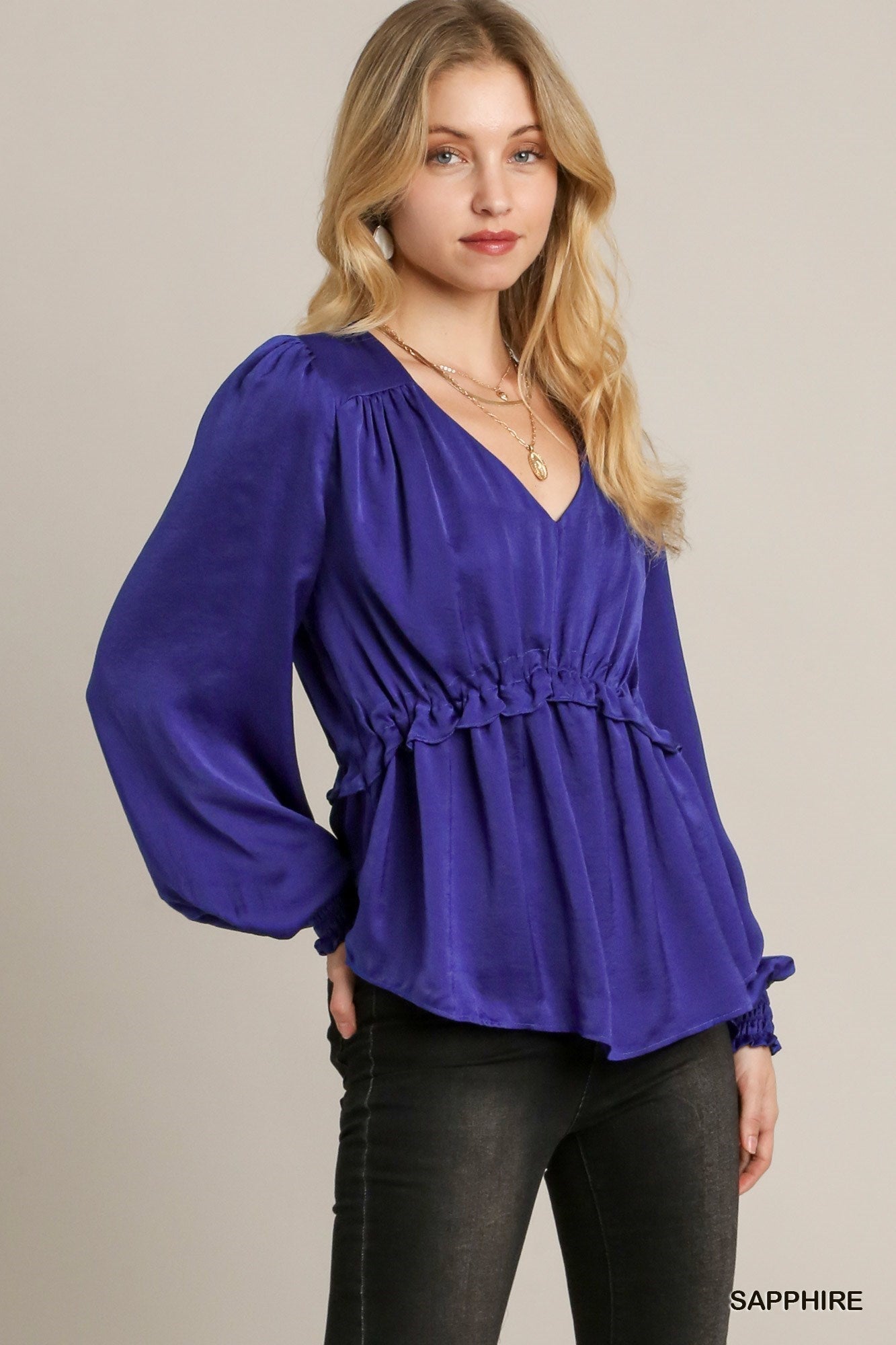 Satin V-neck Ruffle Baby Doll Top With Cuffed Long Sleeve - Premium  from ZLA - Just $49! Shop now at ZLA