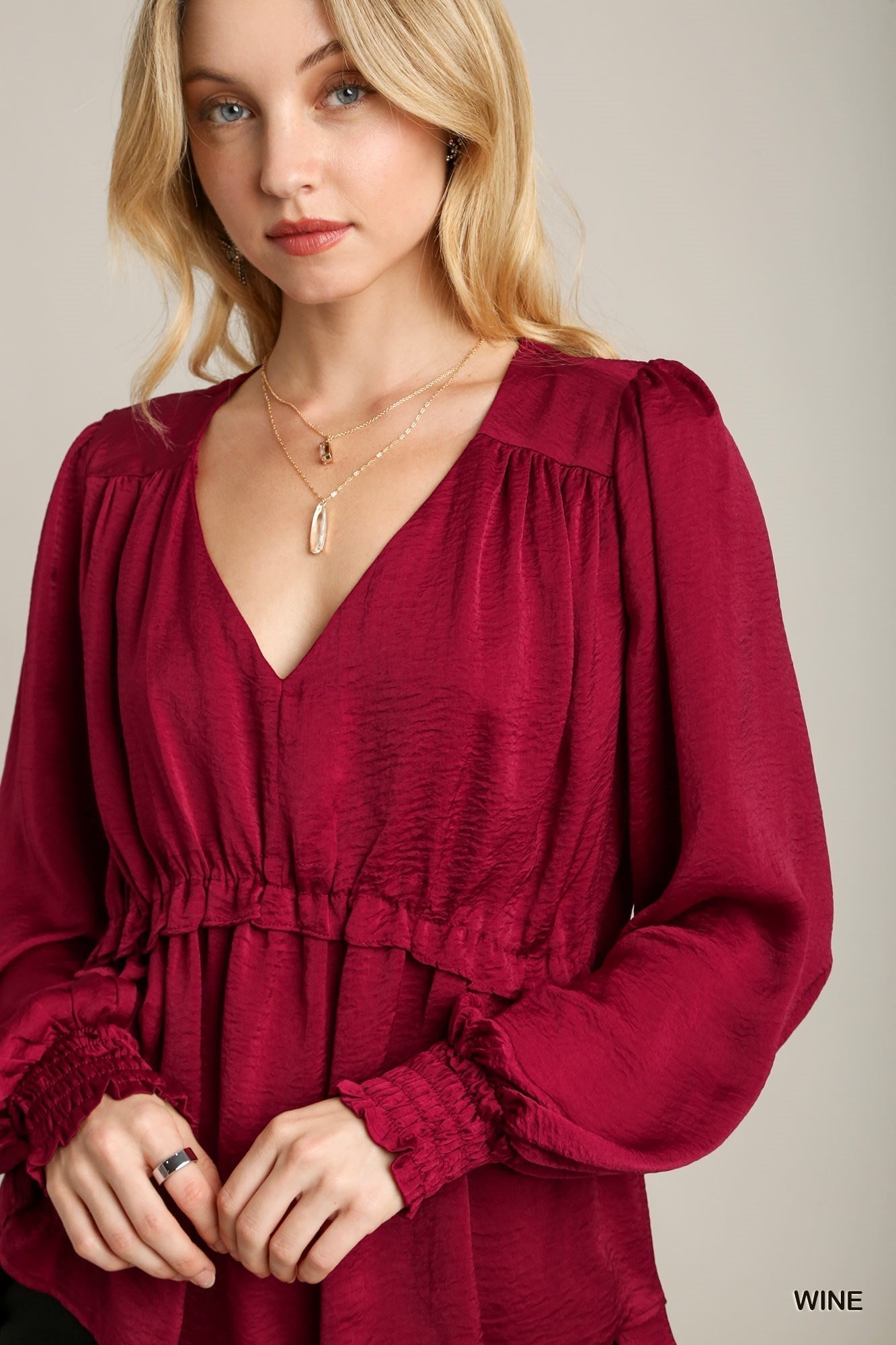 Satin V-neck Ruffle Baby Doll Top With Cuffed Long Sleeve - Premium  from ZLA - Just $49! Shop now at ZLA