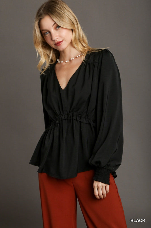 Satin V-neck Ruffle Baby Doll Top With Cuffed Long Sleeve - Premium  from ZLA - Just $49! Shop now at ZLA
