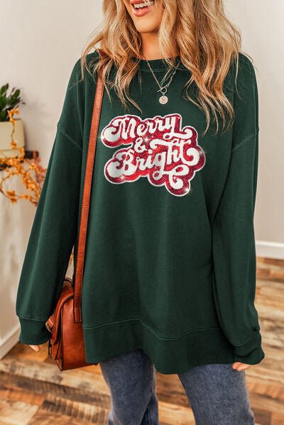 Sequin MERRY & BRIGHT Long Sleeve Sweatshirt - Premium  from Trendsi - Just $39! Shop now at ZLA