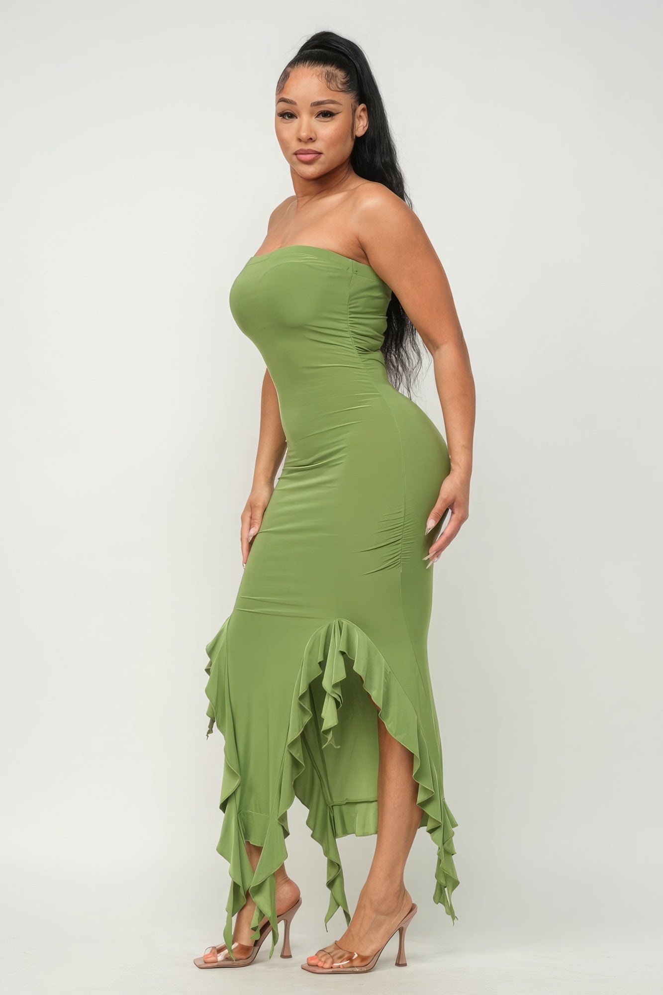 Solid Bottom Ruffle Trim Hem Slit Tube Maxi Dress - Premium  from ZLA - Just $27.50! Shop now at ZLA