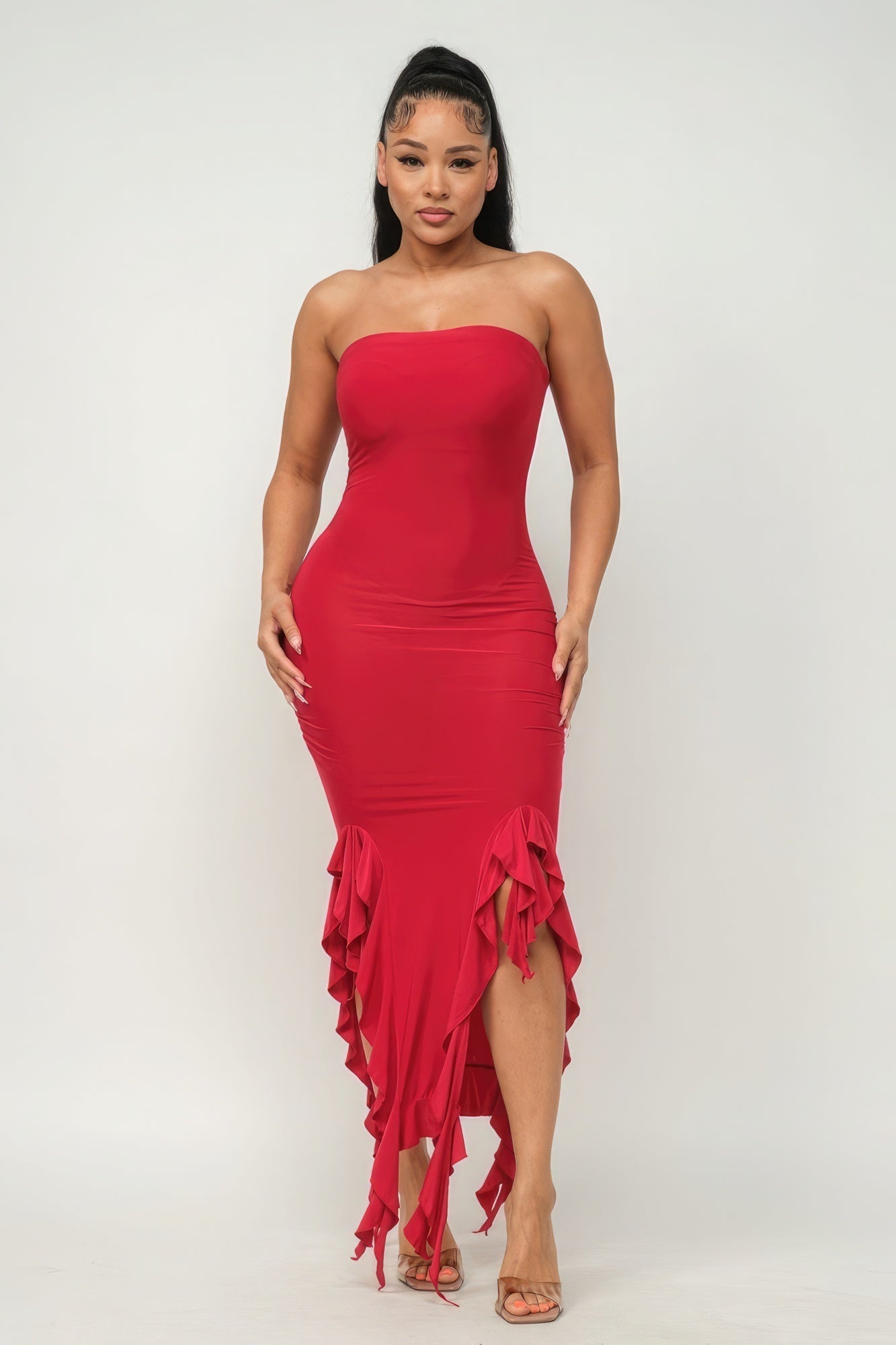 Solid Bottom Ruffle Trim Hem Slit Tube Maxi Dress - Premium  from ZLA - Just $27.50! Shop now at ZLA