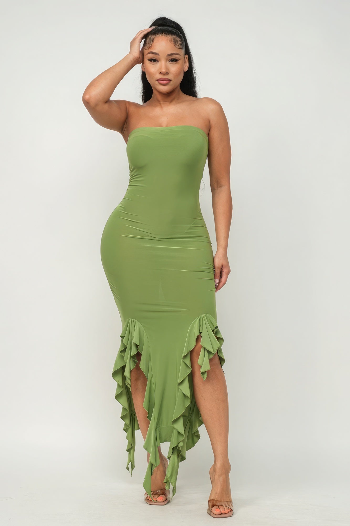 Solid Bottom Ruffle Trim Hem Slit Tube Maxi Dress - Premium  from ZLA - Just $27.50! Shop now at ZLA