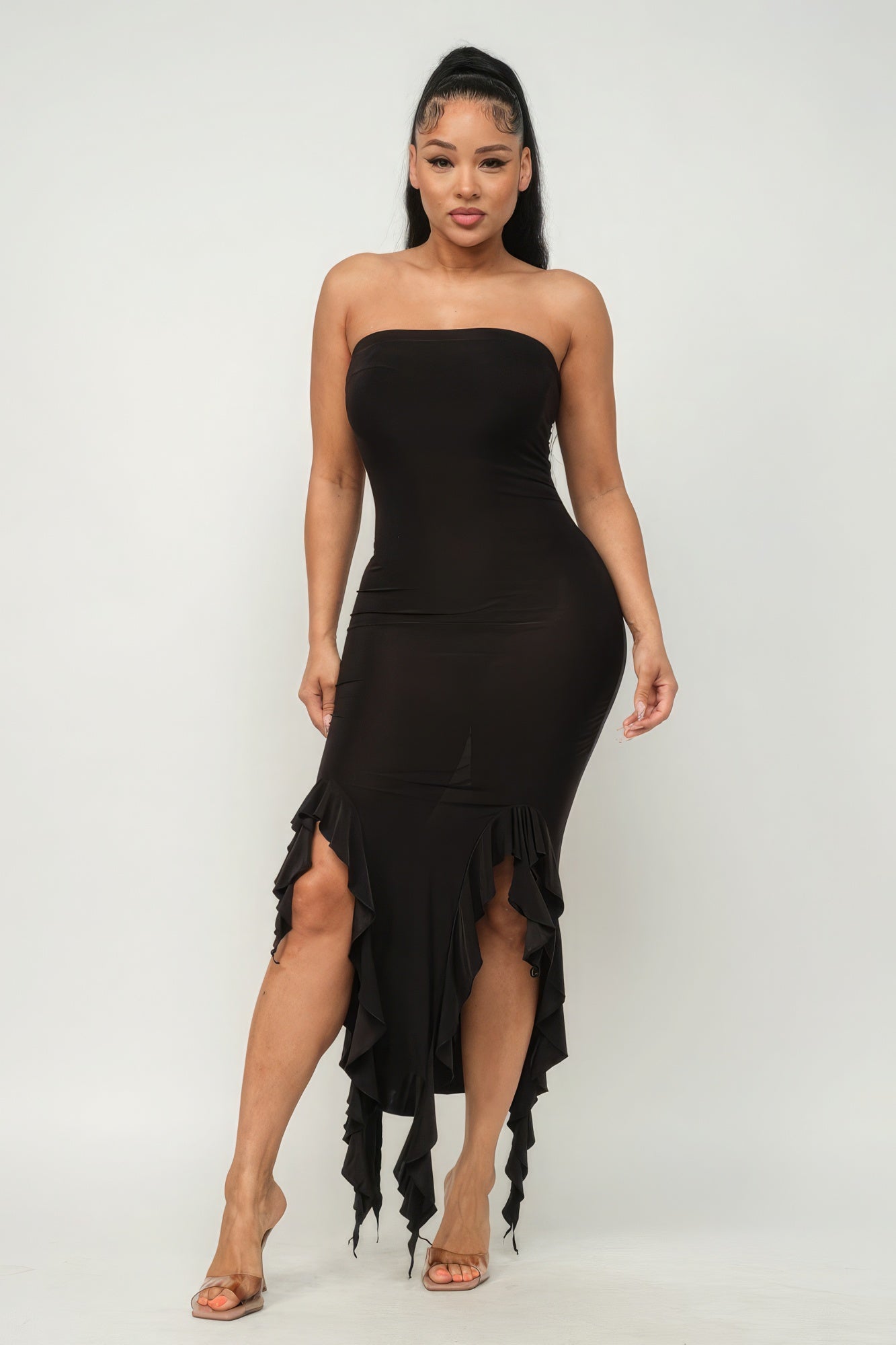 Solid Bottom Ruffle Trim Hem Slit Tube Maxi Dress - Premium  from ZLA - Just $27.50! Shop now at ZLA