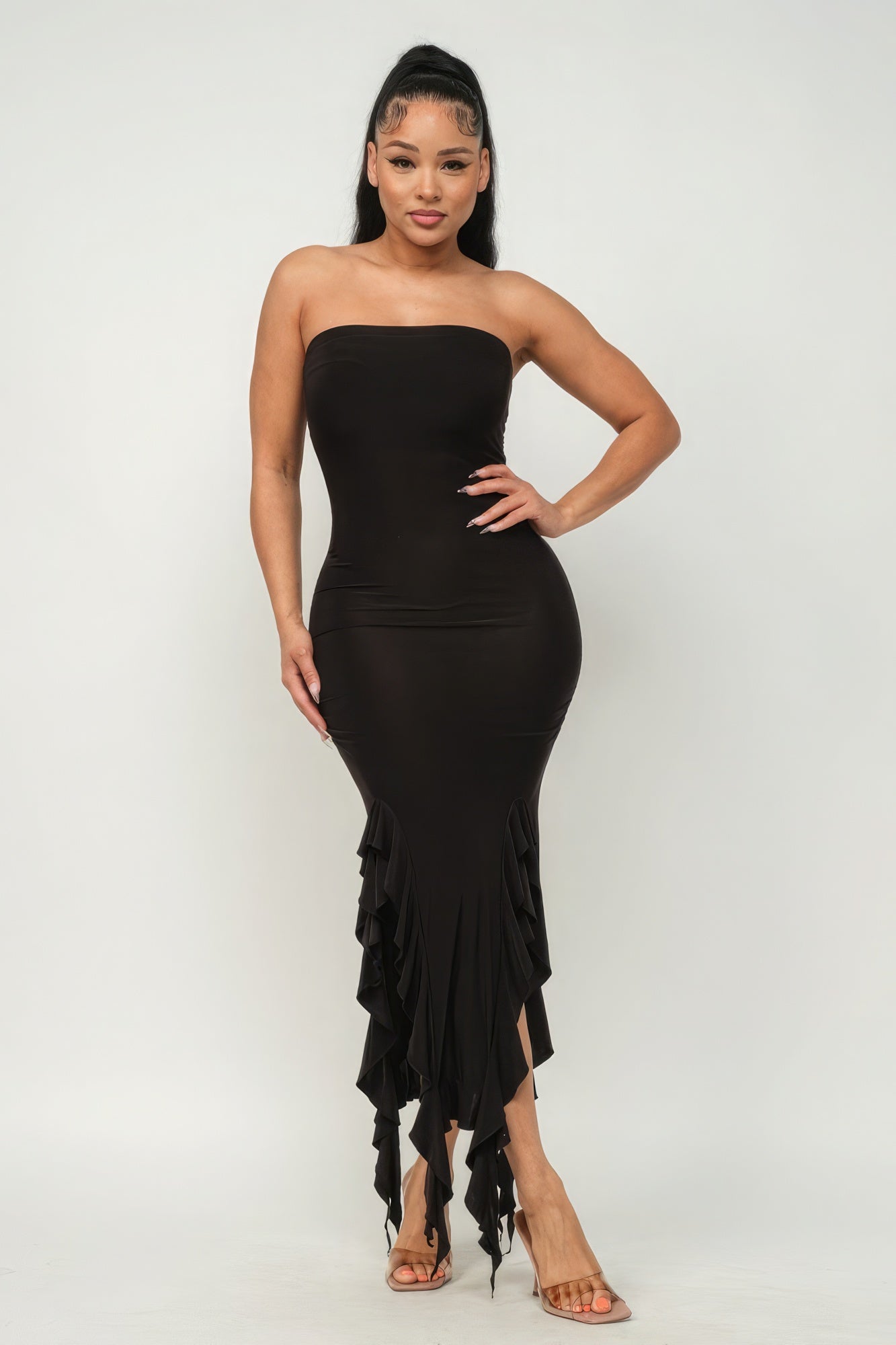 Solid Bottom Ruffle Trim Hem Slit Tube Maxi Dress - Premium  from ZLA - Just $27.50! Shop now at ZLA