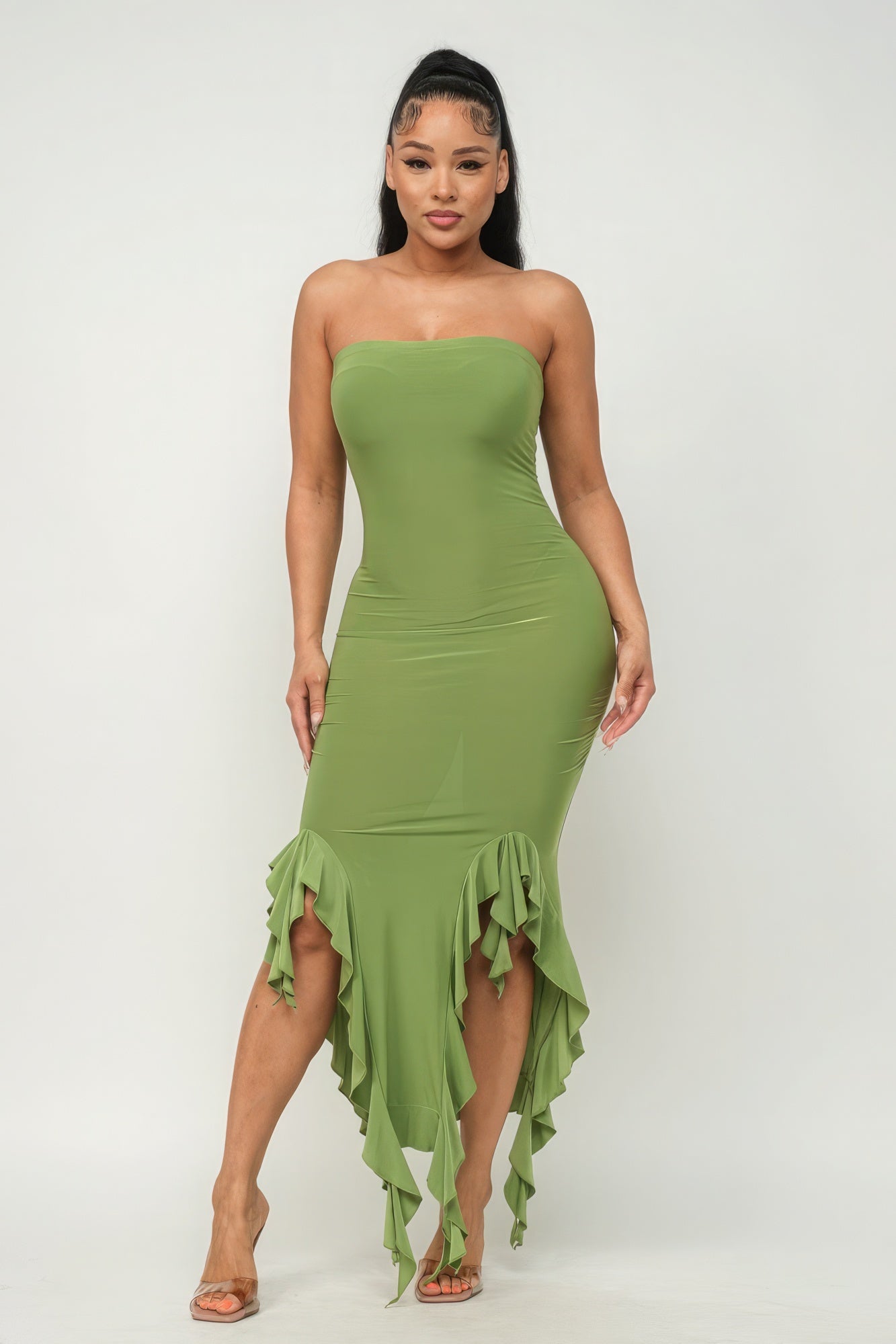 Solid Bottom Ruffle Trim Hem Slit Tube Maxi Dress - Premium  from ZLA - Just $27.50! Shop now at ZLA