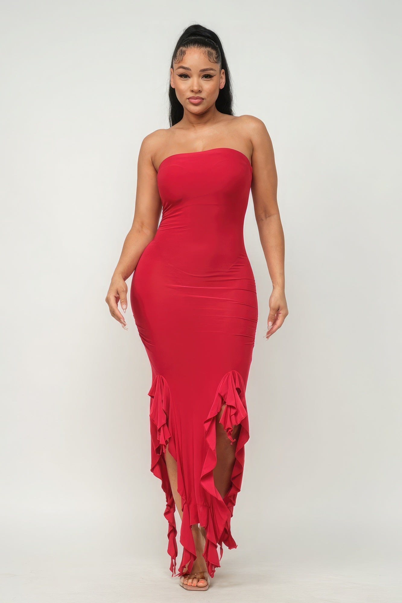 Solid Bottom Ruffle Trim Hem Slit Tube Maxi Dress - Premium  from ZLA - Just $27.50! Shop now at ZLA