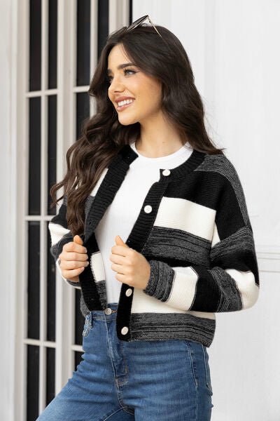 Striped Button Up Long Sleeve Cardigan - Premium  from Trendsi - Just $35! Shop now at ZLA
