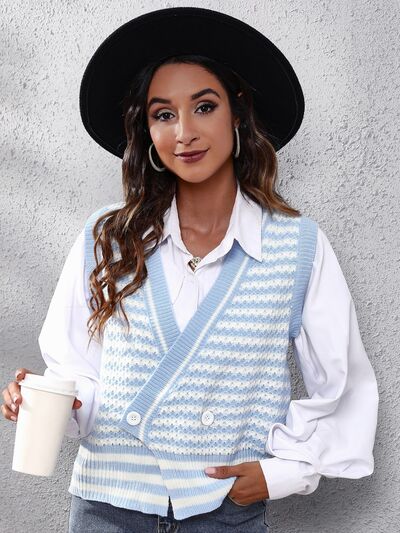 Striped Button Up V-Neck Sweater Vest - Premium  from Trendsi - Just $24! Shop now at ZLA