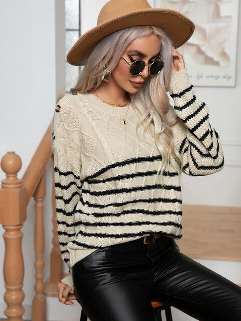 Striped Round Neck Cable-Knit Sweater - Premium  from Trendsi - Just $31! Shop now at ZLA