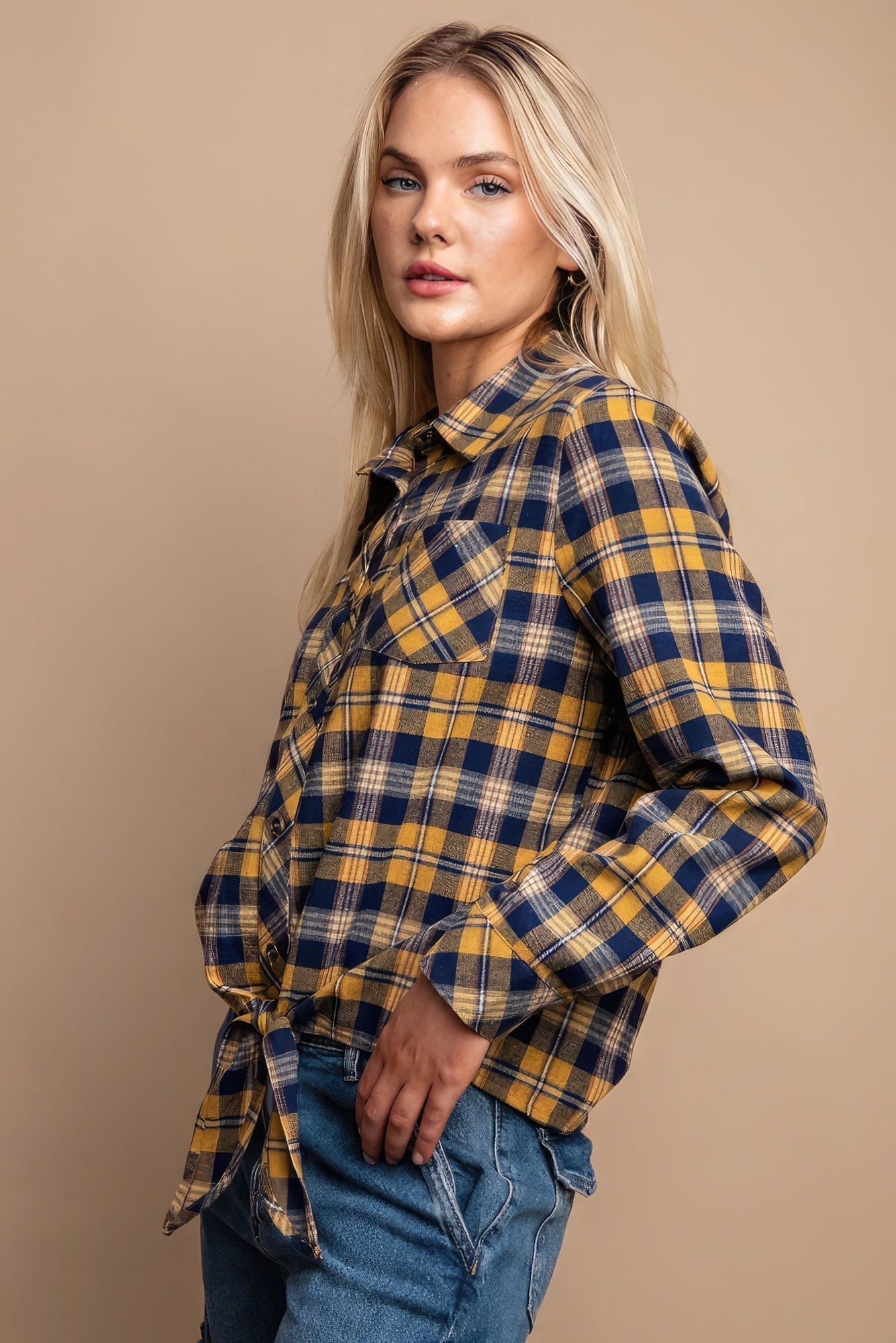 Tie Front Button Down Plaid Shirt With Front Pocket - Premium  from ZLA - Just $41.50! Shop now at ZLA