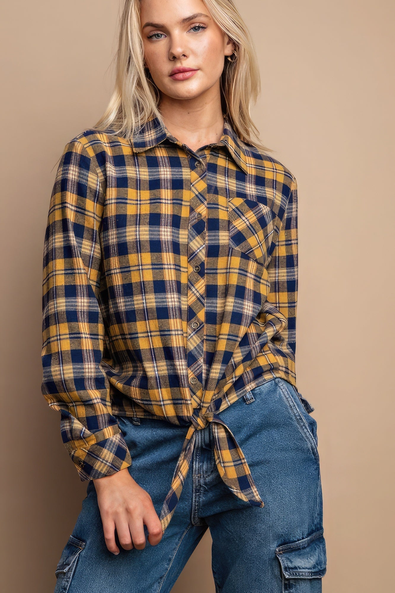 Tie Front Button Down Plaid Shirt With Front Pocket - Premium  from ZLA - Just $41.50! Shop now at ZLA