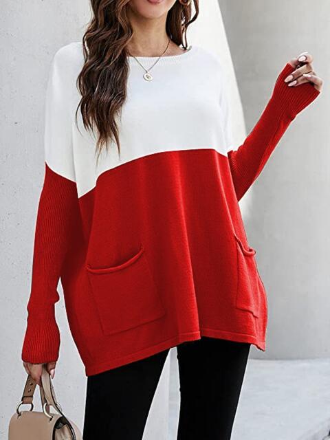 Two Tone Pullover Sweater with Pockets - Premium  from Trendsi - Just $24! Shop now at ZLA
