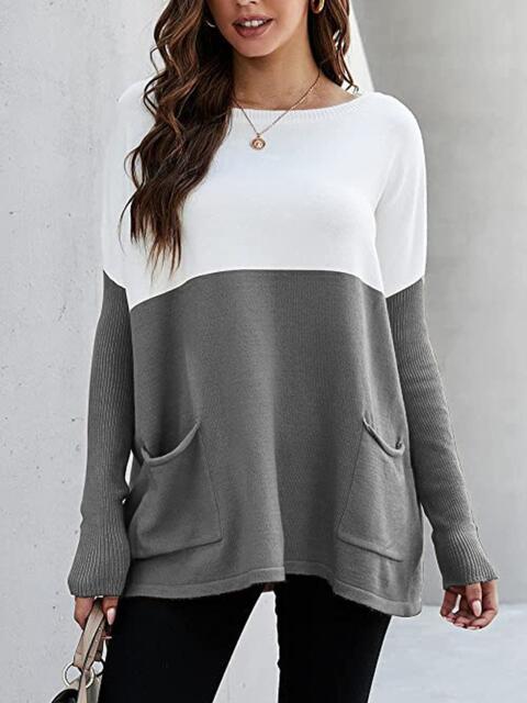 Two Tone Pullover Sweater with Pockets - Premium  from Trendsi - Just $24! Shop now at ZLA