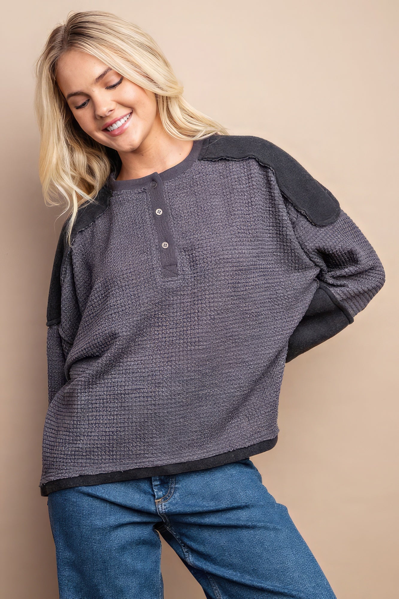 Waffle Knit And Fleece Contrast Henley Top With Button Front - Premium  from ZLA - Just $46.50! Shop now at ZLA