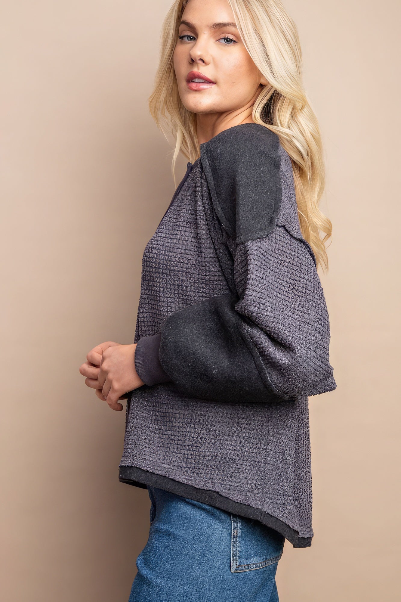 Waffle Knit And Fleece Contrast Henley Top With Button Front - Premium  from ZLA - Just $46.50! Shop now at ZLA
