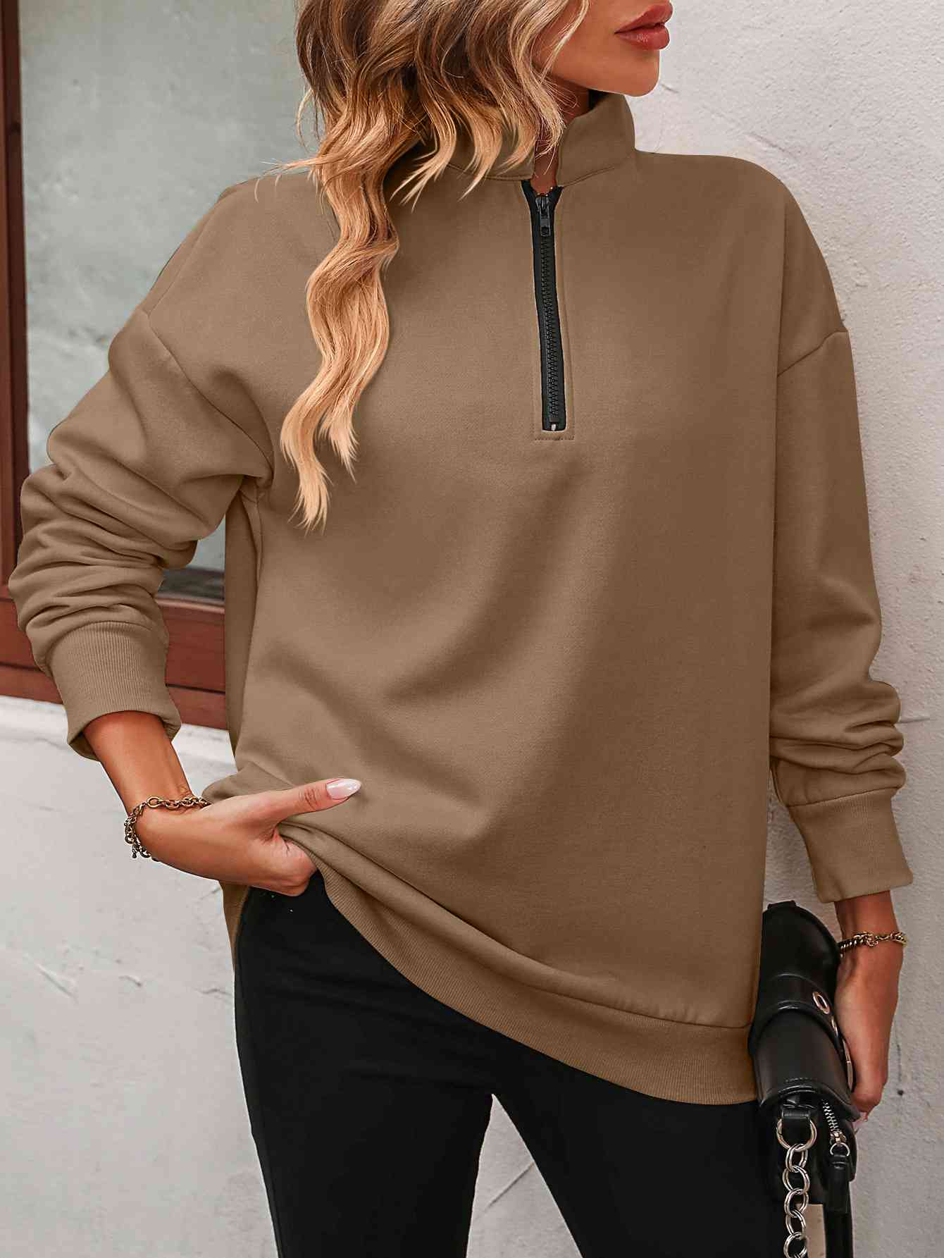 Zip-Up Dropped Shoulder Sweatshirt - Premium  from Trendsi - Just $29! Shop now at ZLA