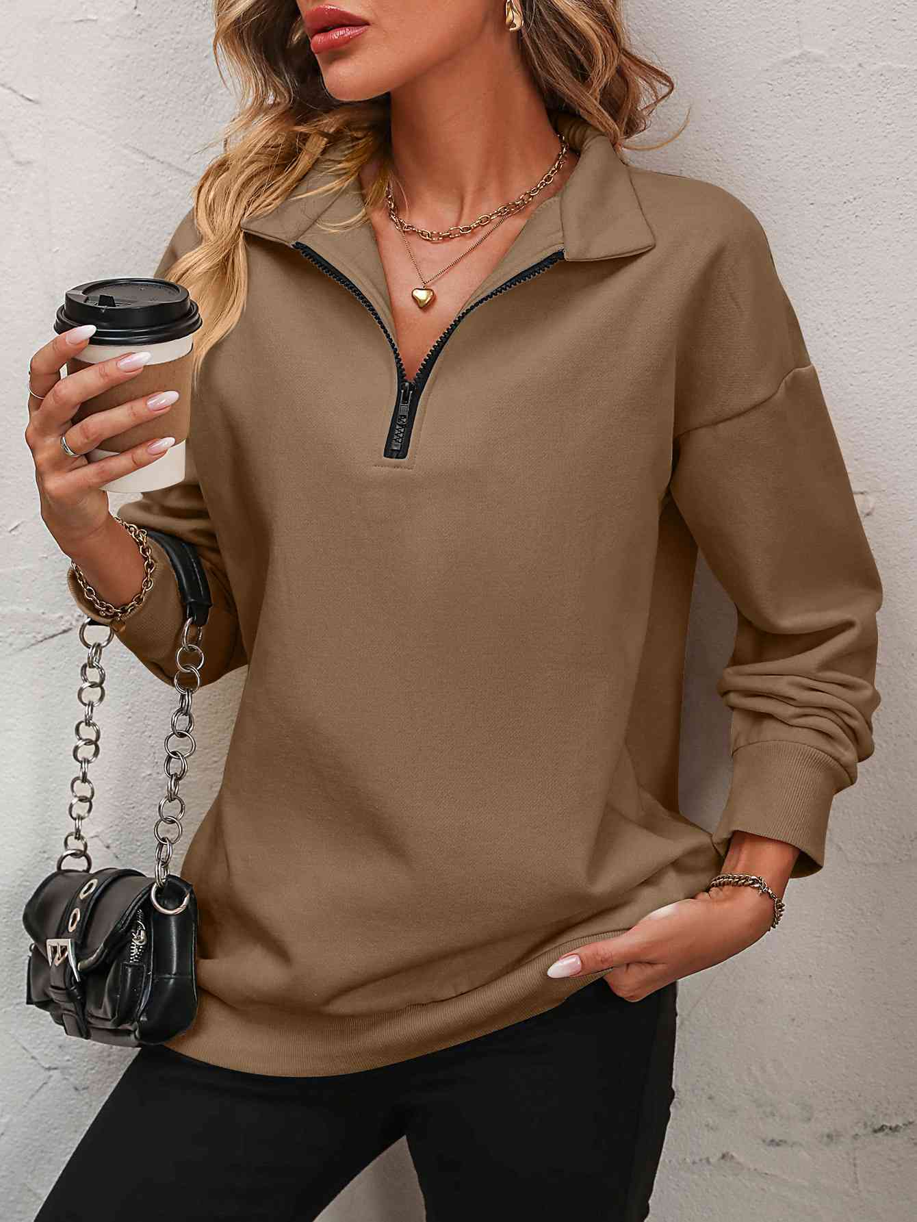 Zip-Up Dropped Shoulder Sweatshirt - Premium  from Trendsi - Just $29! Shop now at ZLA